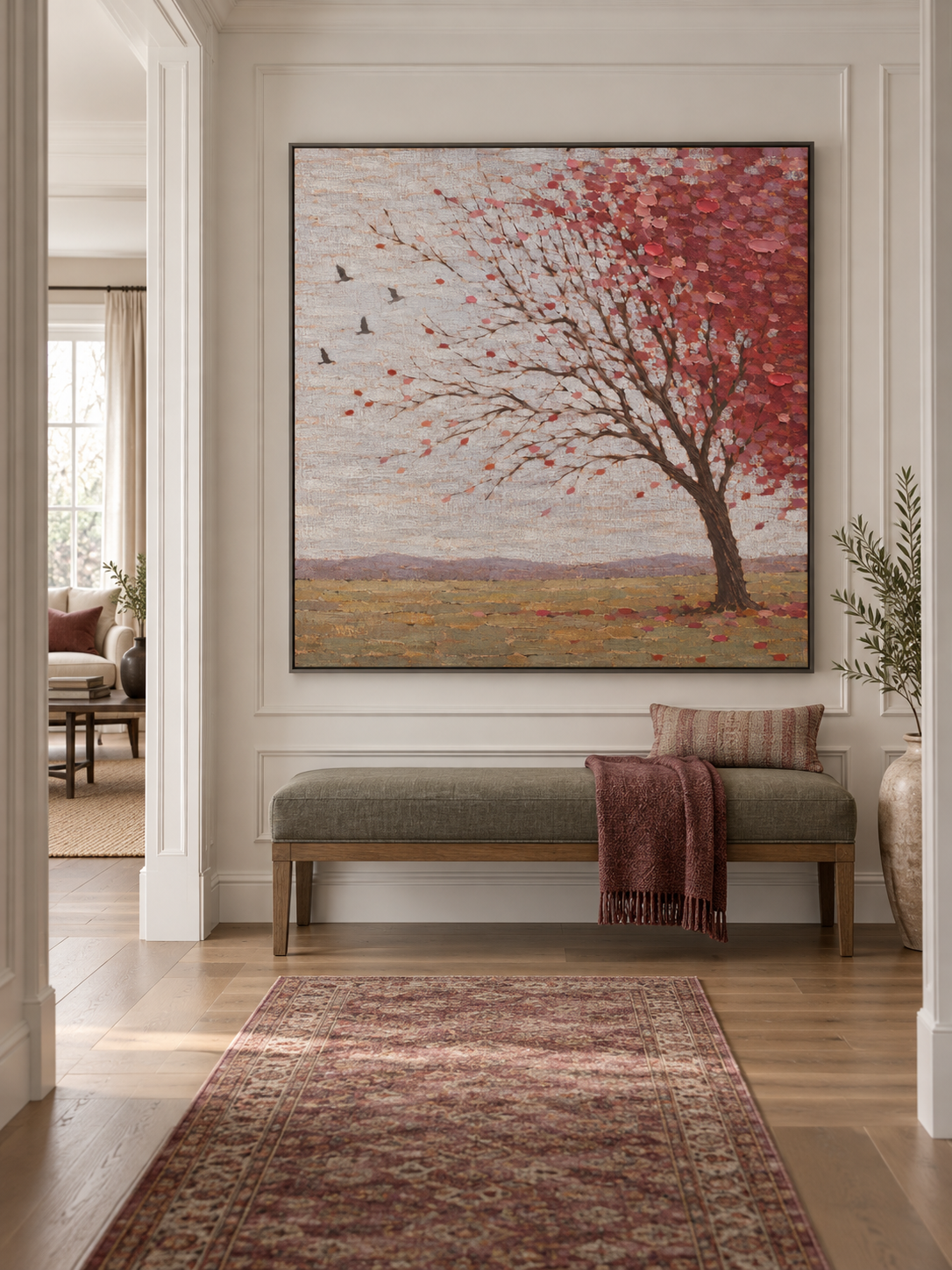 Hand Painted Autumn Tree Wall Art Large Blush Pink Rural Landscape Artwork Painting