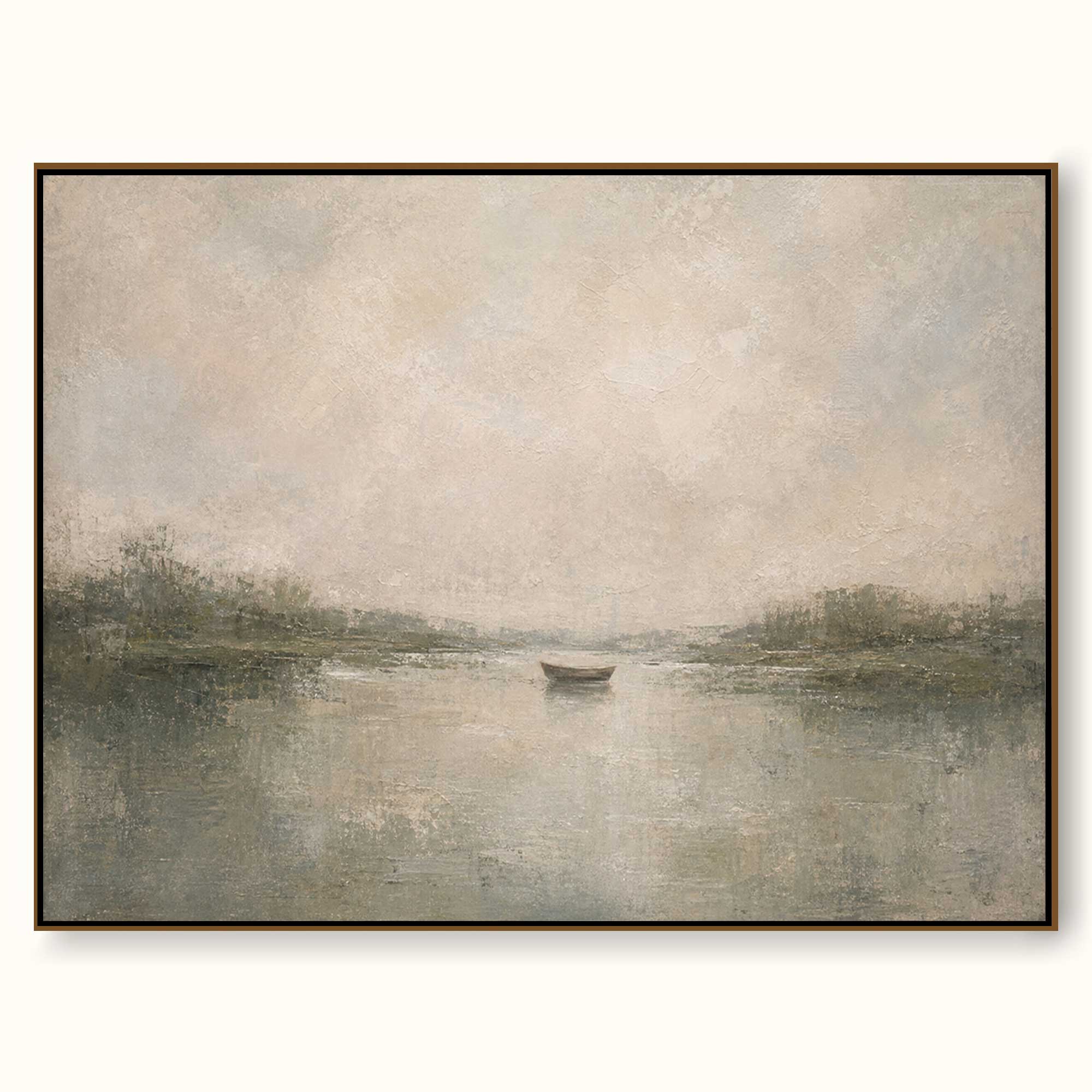 Original Neutral Landscape Oil Painting Framed Vintage Boat Scene