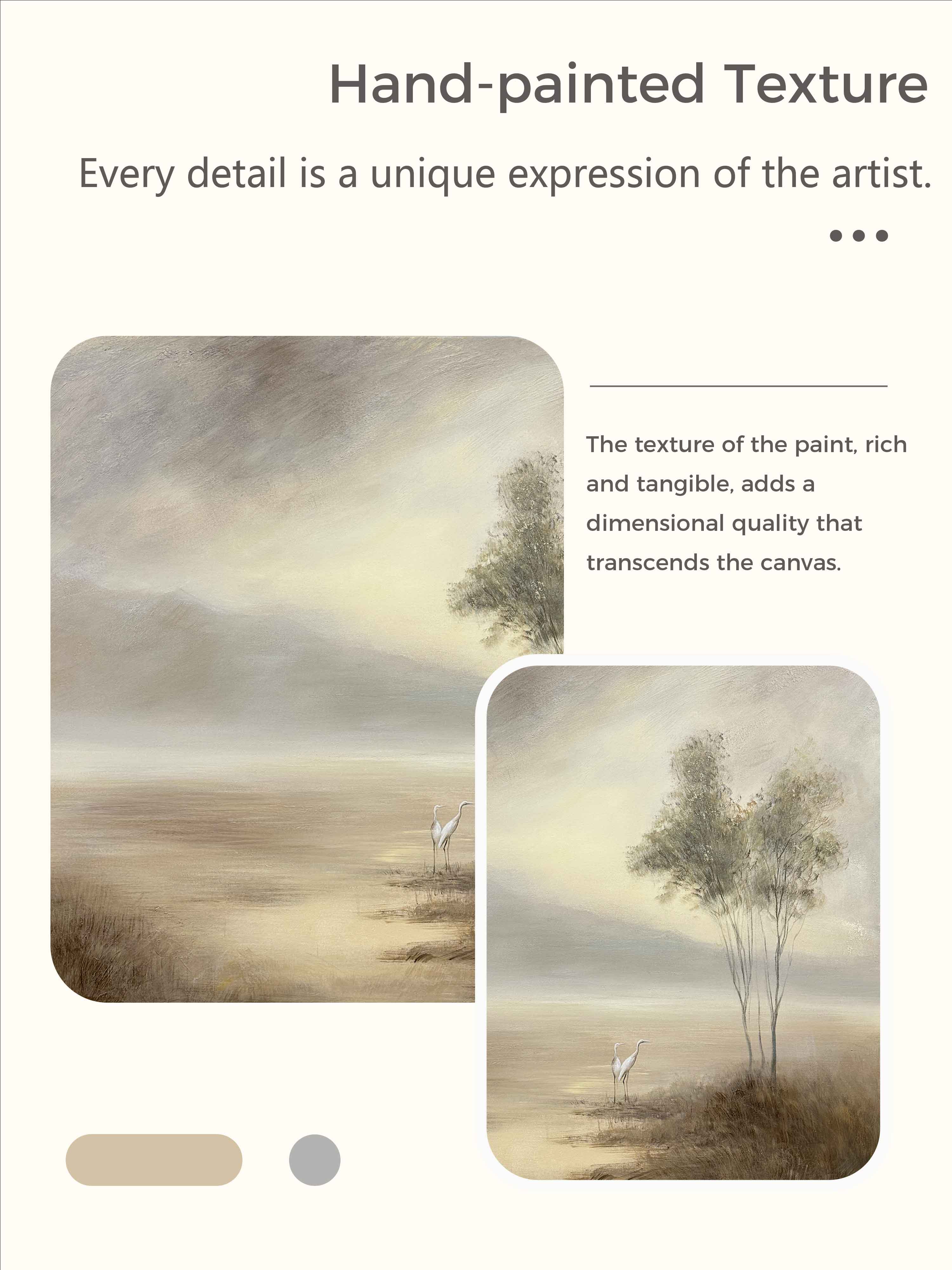 Large Neutral Landscape Oil Painting With White Cranes Minimalist Beige And Brown Canvas Wall Art Modern Neutral Landscape Canvas Wall Art