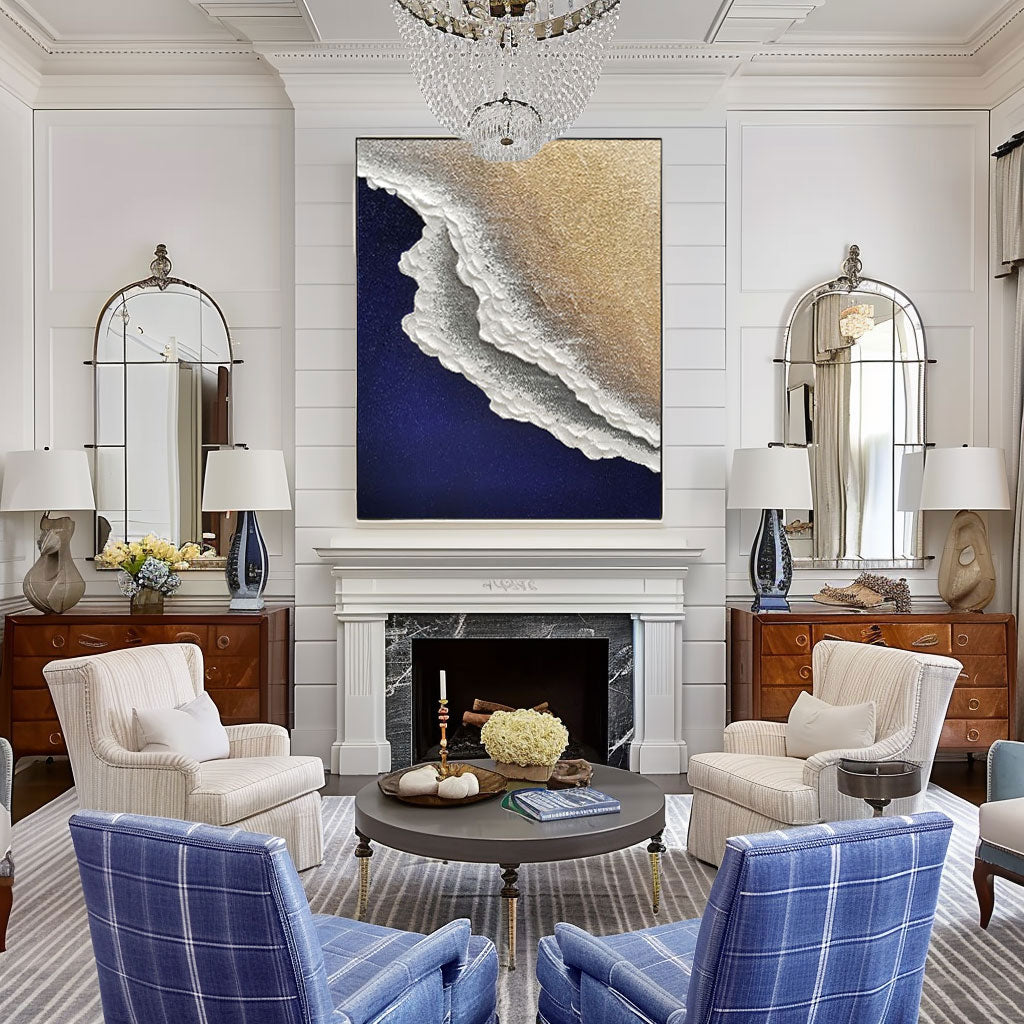 Minimalist Blue Ocean Painting Large Blue Ocean Wall Art Blue Sea Wave Textured Wall Art White Ocean Wave Painting