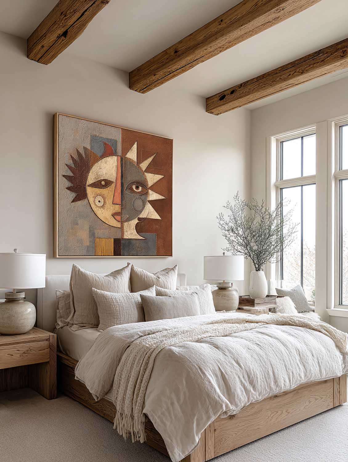 Hand Painted Geometric Portrait On Linen Canvas With Refined Brushwork Texture