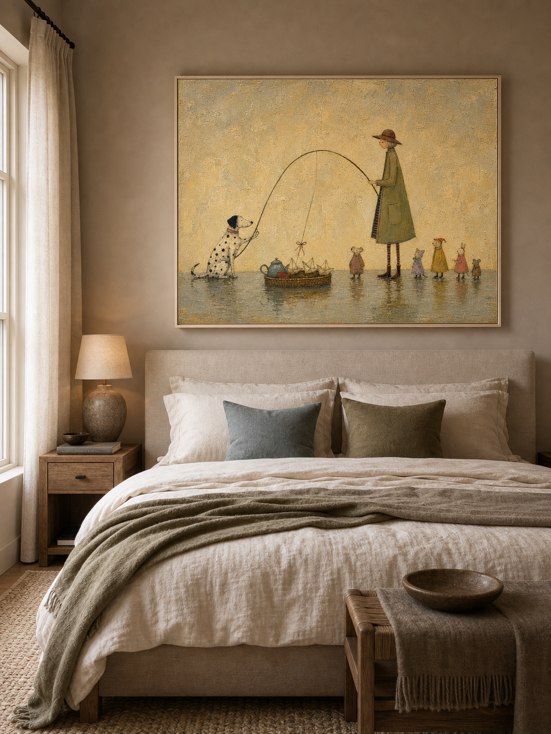 Whimsical Dog And Paper Boats Canvas Art Storybook Family Vintage Wall Decor