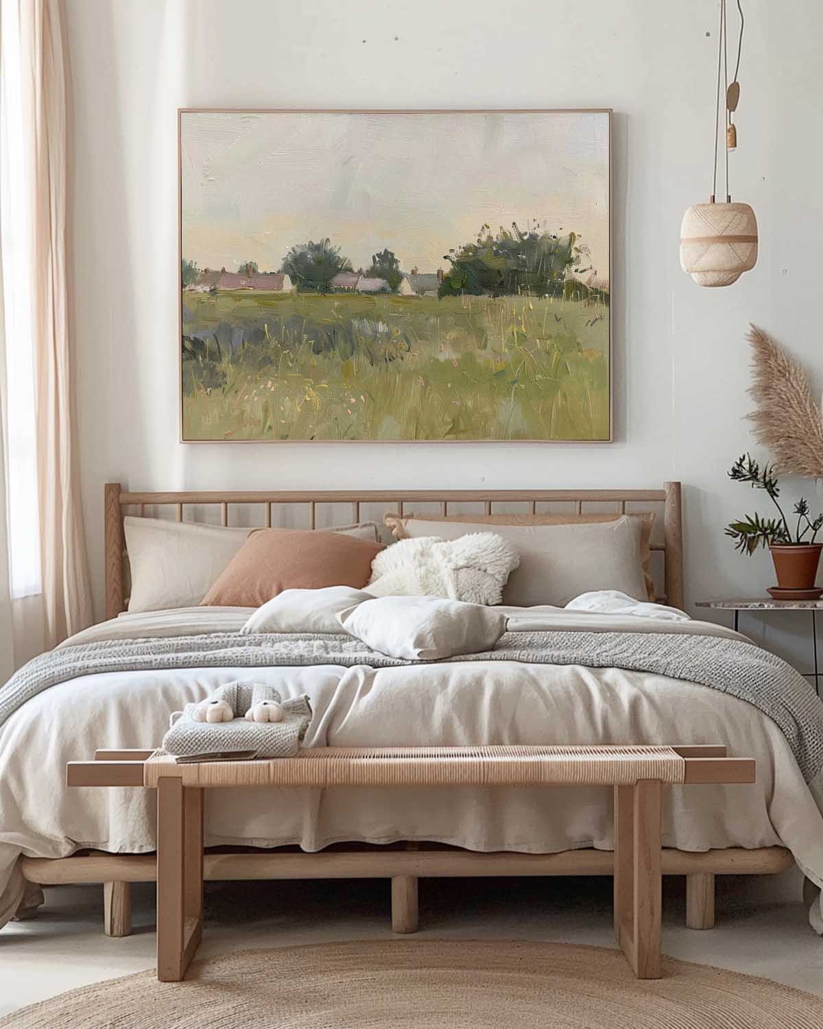 Vintage Neutral Beach Landscape Oil Painting Large Retro Coastal Wall Decor Large Retro Country Landscape Painting On Canvas