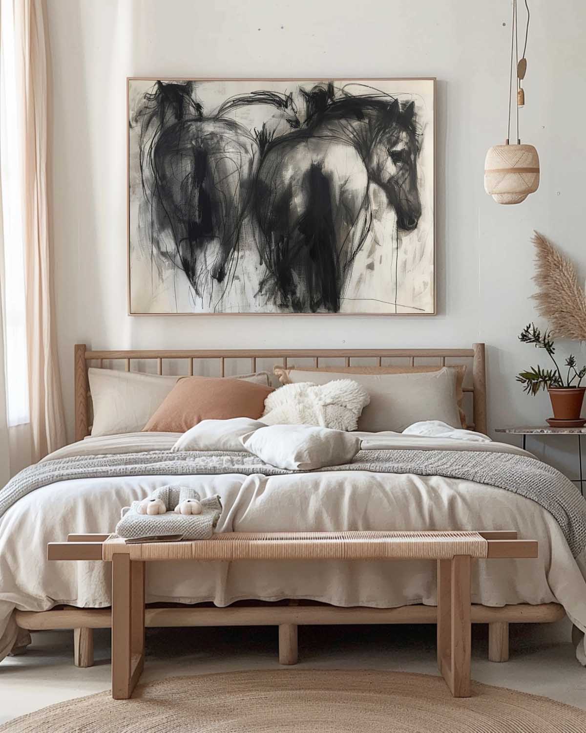 Vintage Black Horse Acrylic Painting Large Original Abstract Canvas Art Neutral Abstract Horse Acrylic Art