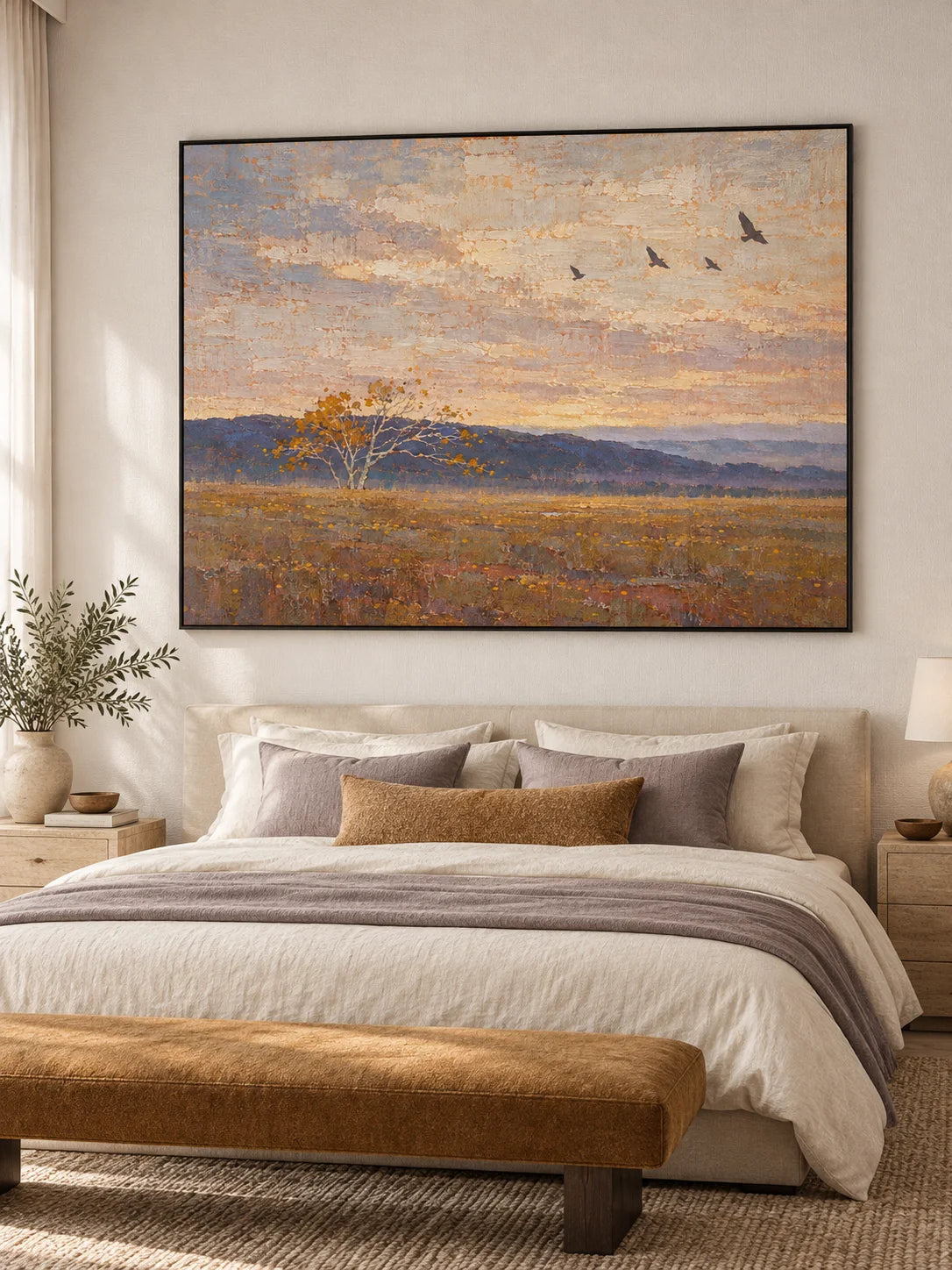 Large Rural Landscape Wall Art In Warm Neutral Tones For Modern Living Room