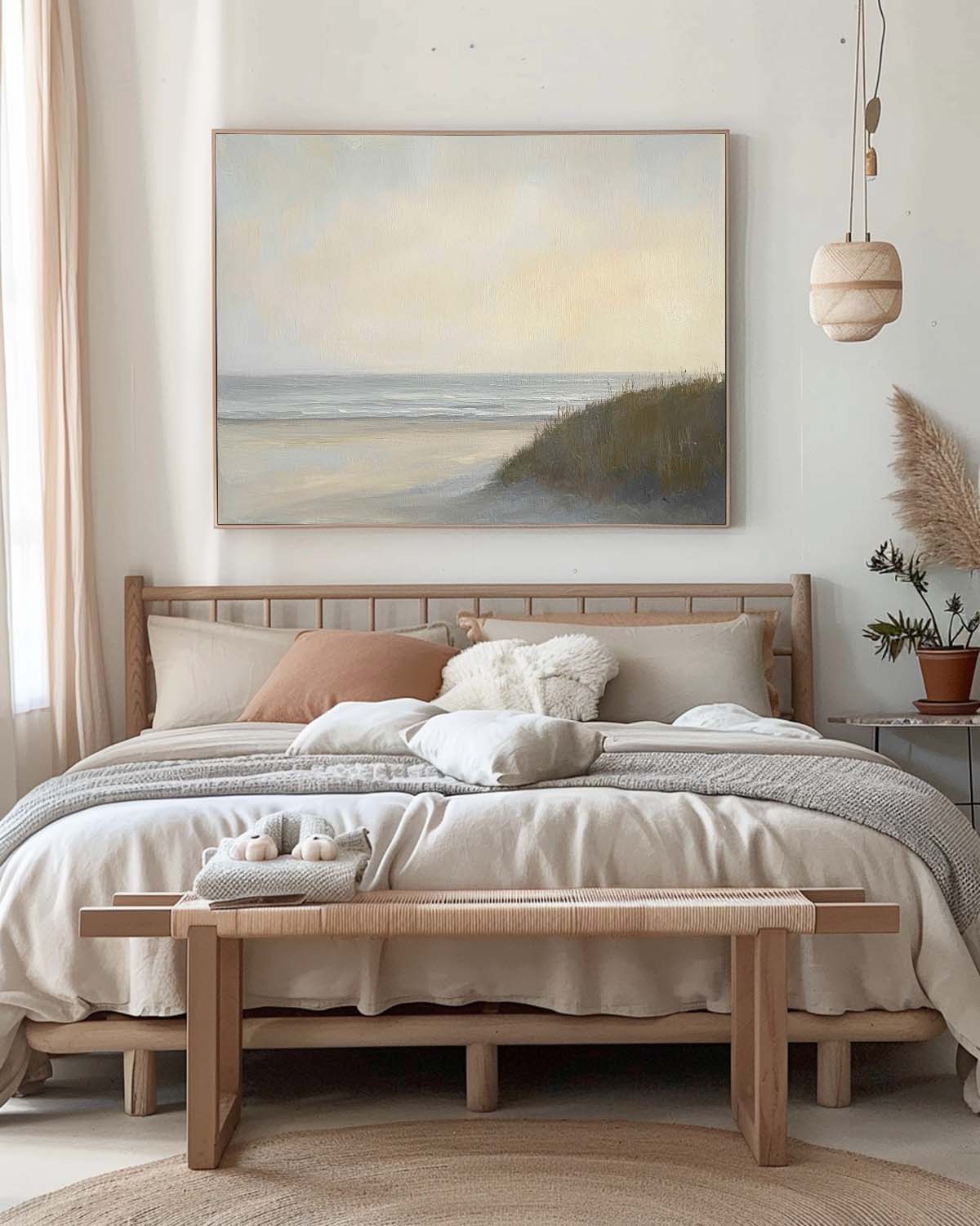 Vintage Seaside Wall Art Retro Beach Oil Painting Wabi Sabi Beach Landscape On Canvas Neutral Tone Beach Painting