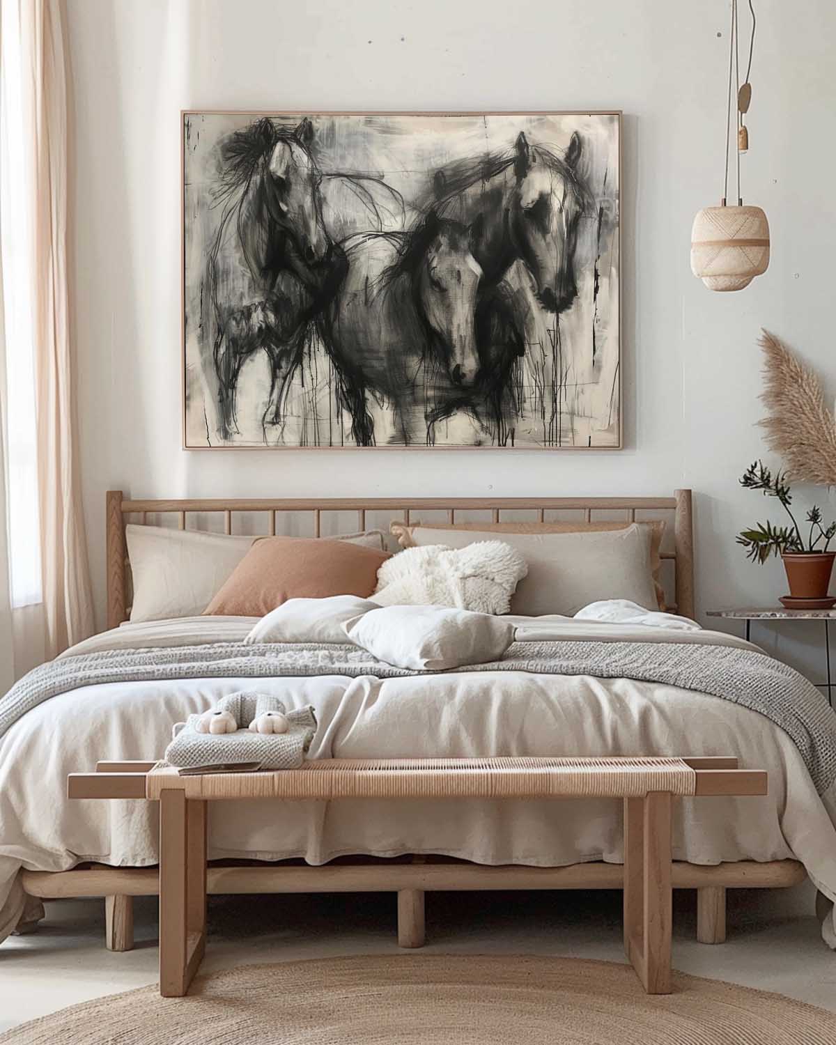 Vintage Black Horse Abstract Canvas Art Original Minimalist Horse Artwork Large Abstract Horse Canvas Art