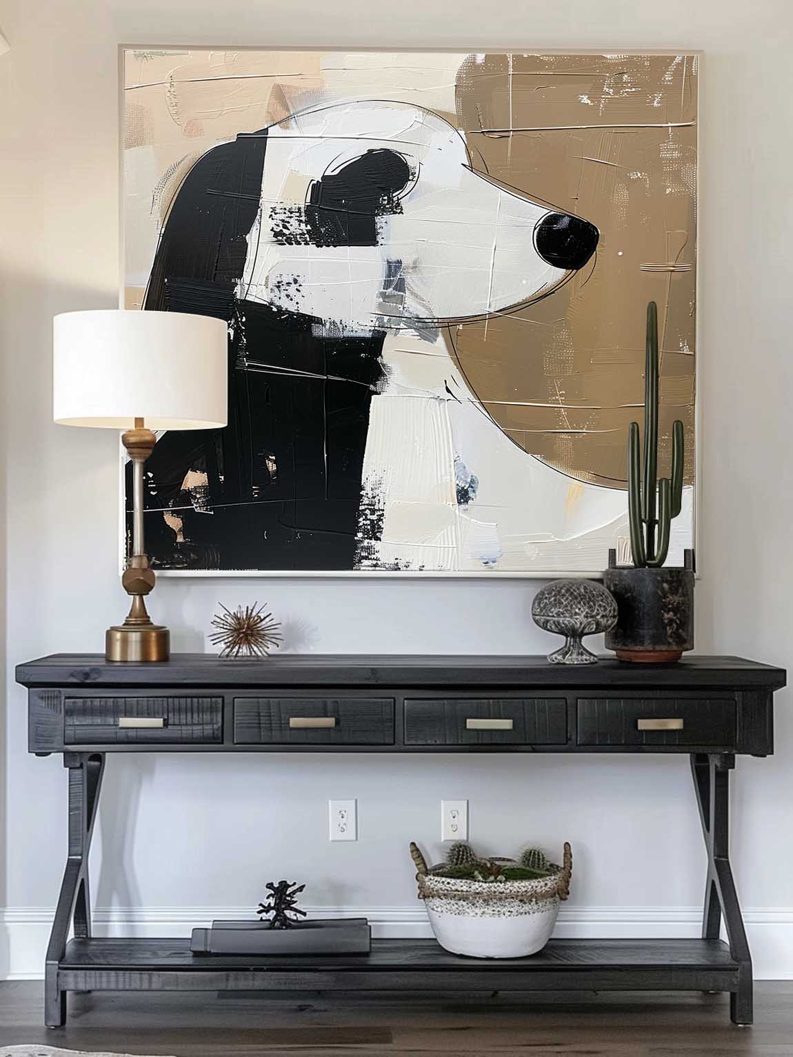 Vintage White And Black Dog Canvas Art Large Retro Minimalist Abstract Art Large Canvas Artwork