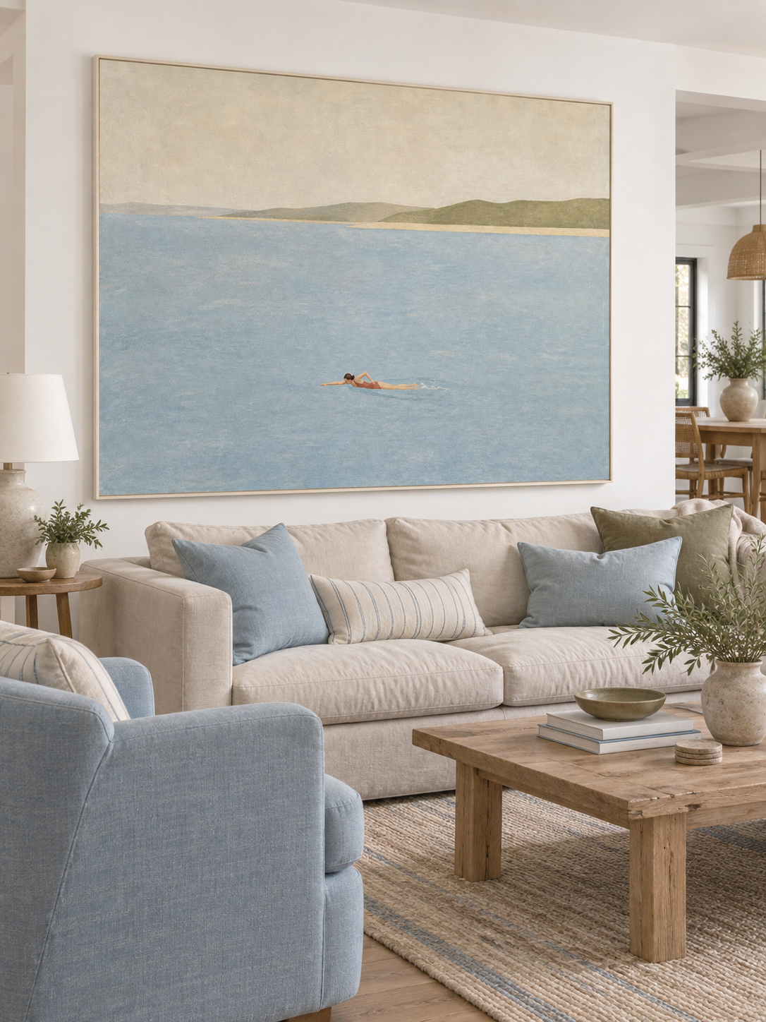 Serene Coastal Landscape Painting With Rolling Hills For Modern Bedroom