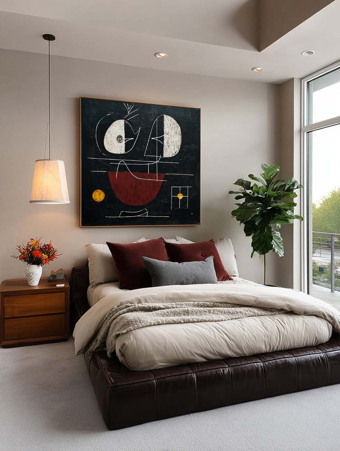 Square Abstract Painting With Red And Black Geometric Shapes