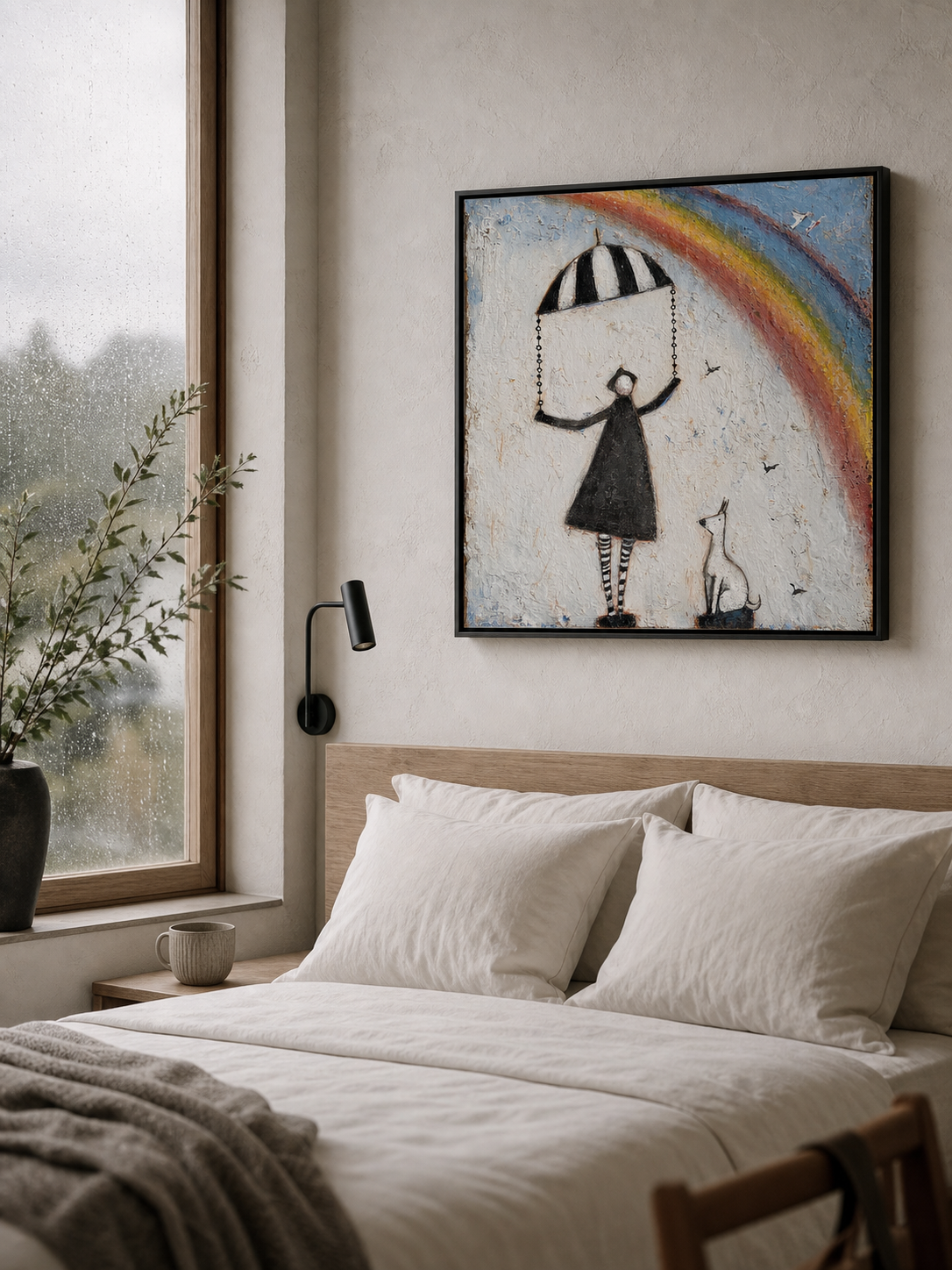 Original Vintage Canvas Art With Striped Umbrella And Dog For Creative Living Rooms