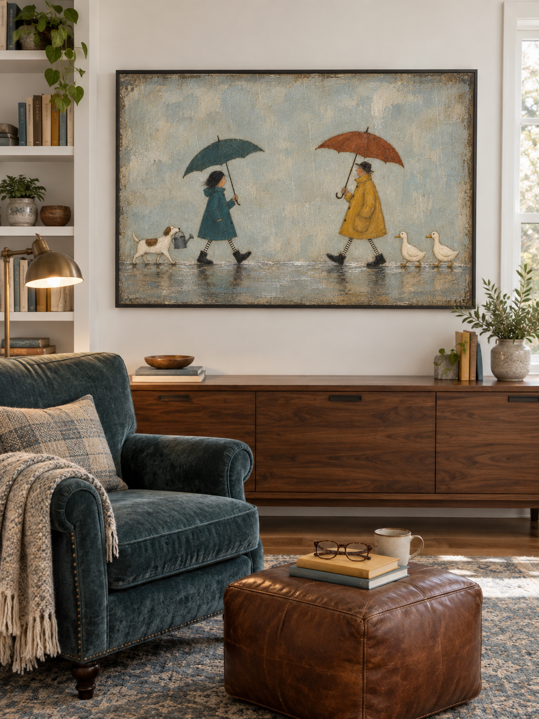 Whimsical Couple With Umbrellas Dogs And Ducks Hand Painted Wall Art