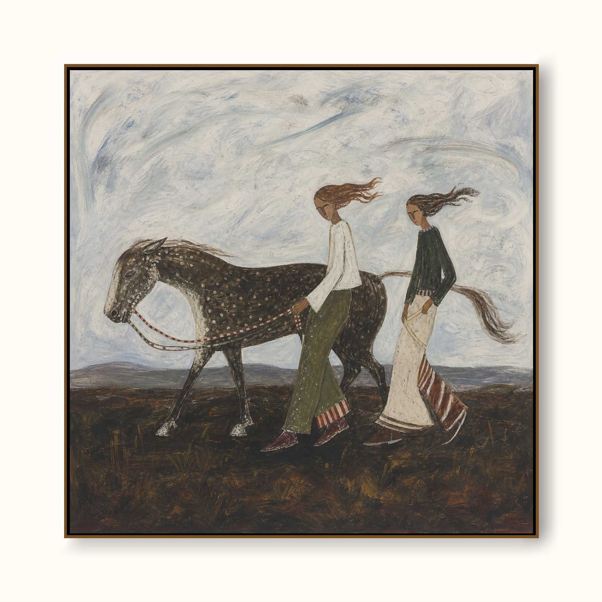 Hand Painted Folk Art Horse Painting With People In Earthy Tones For Living Room Decor