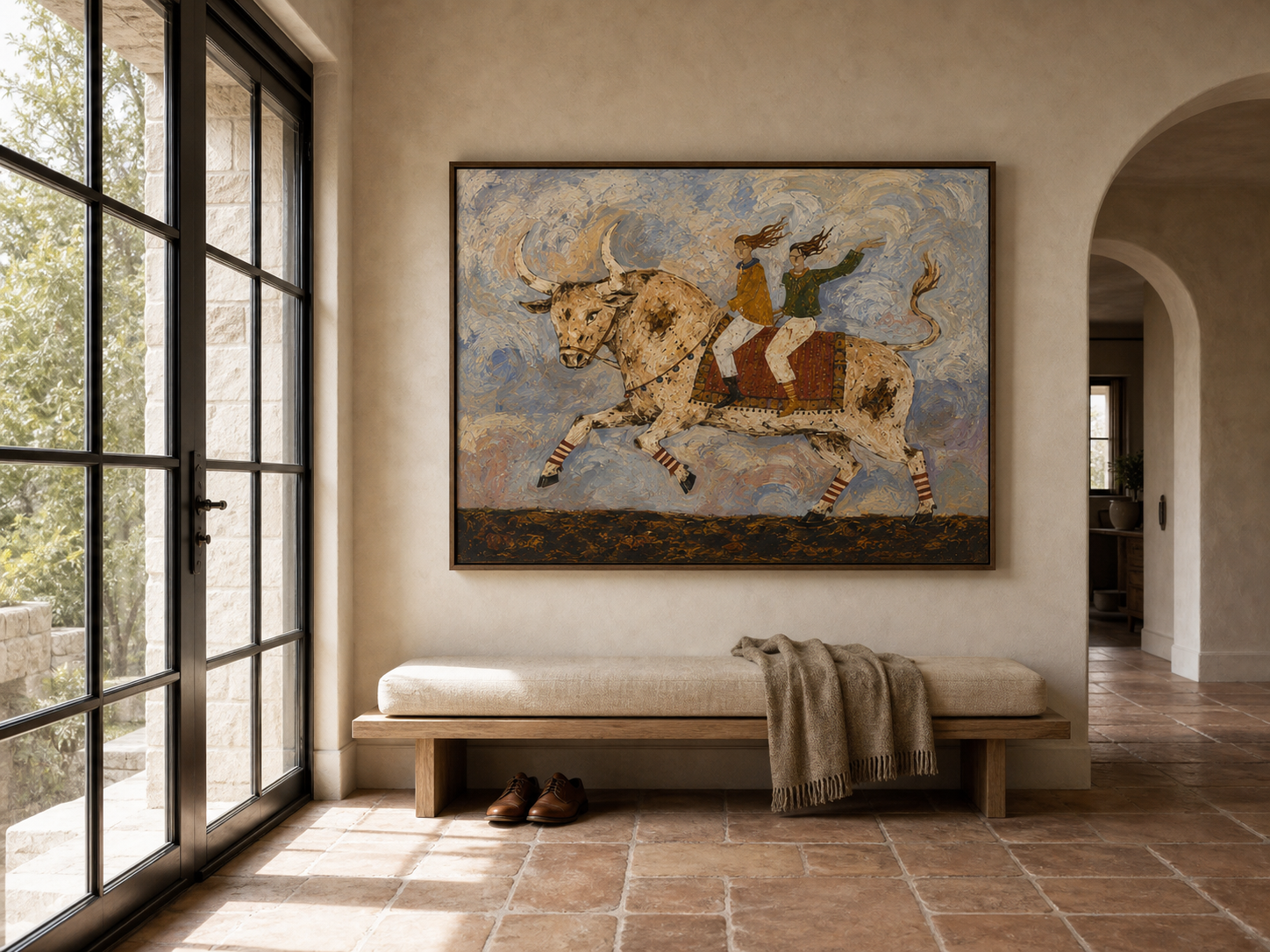 Vintage Bohemian Bull Rider Art With Expressive Brushwork For Living Room Decor