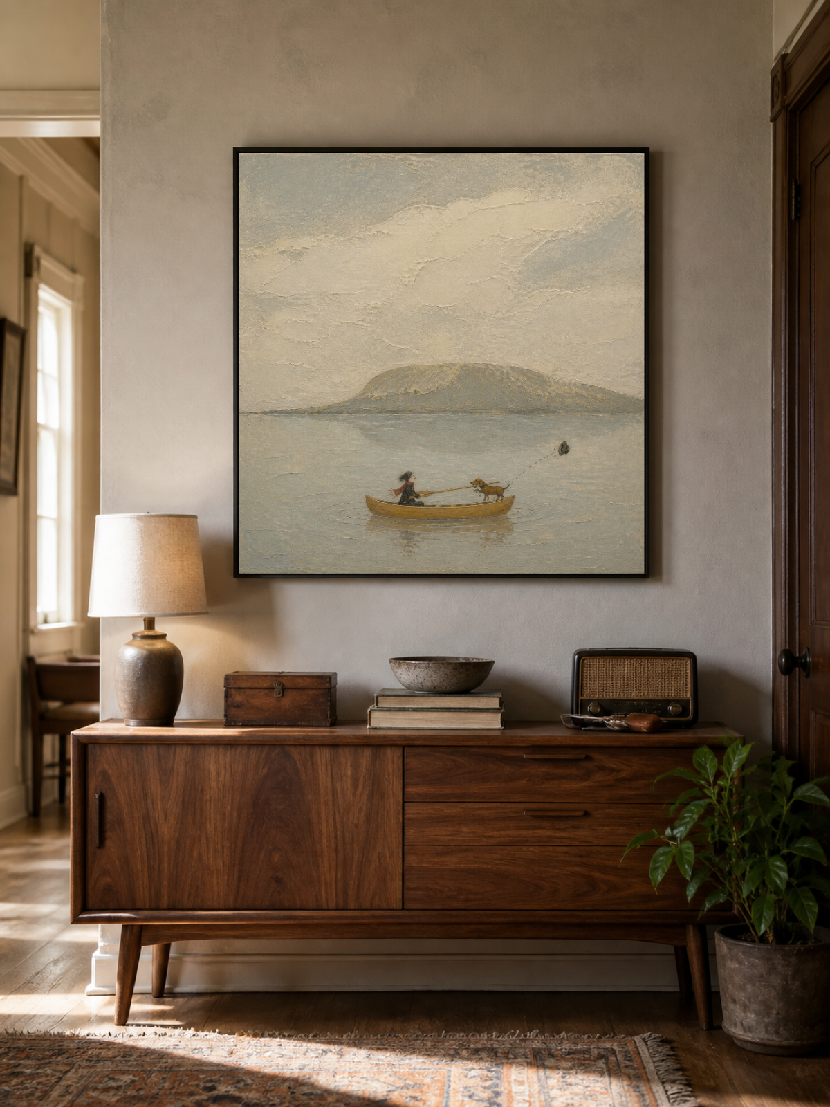 Whimsical Abstract Dog Travel Painting With Canoe Outdoor Adventure Home Decor