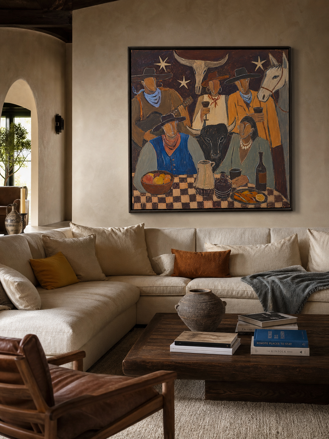 Hand Painted Cowboy Gathering Painting Southwestern Folk Table Scene Wall Art Rustic Western Artwork
