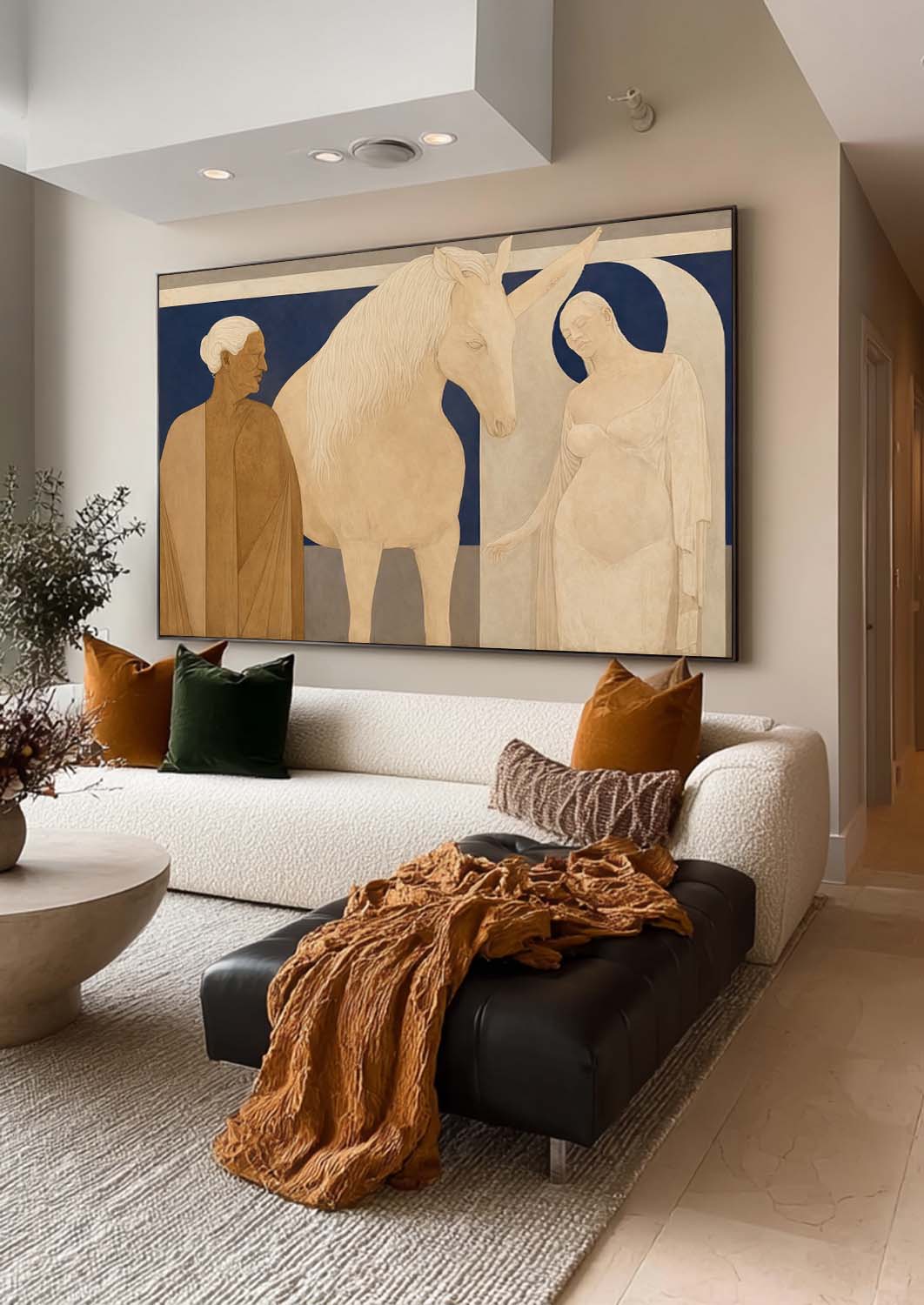 Large Horizontal Beige And Brown Abstract Figure Painting For Modern Living Room