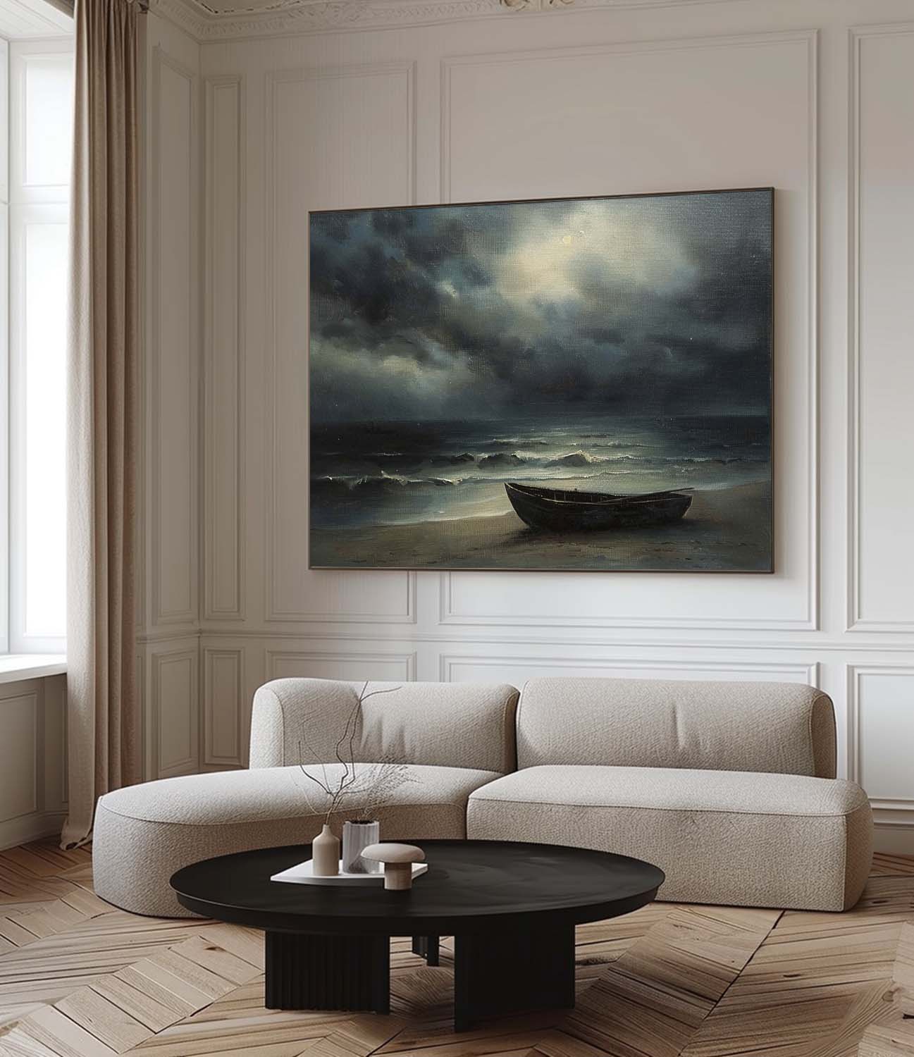 Vintage Neutral Ocean Night Painting Vintage Neutral Ocean Night Painting Retro Wabi Sabi Seaside Canvas Art