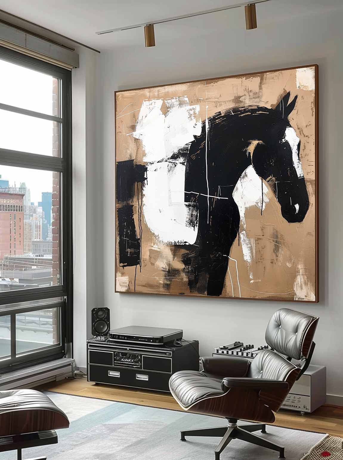 Vintage White Horse Oil Painting Black and White Abstract Horse Oil Painting on Canvas Black Abstract Painting