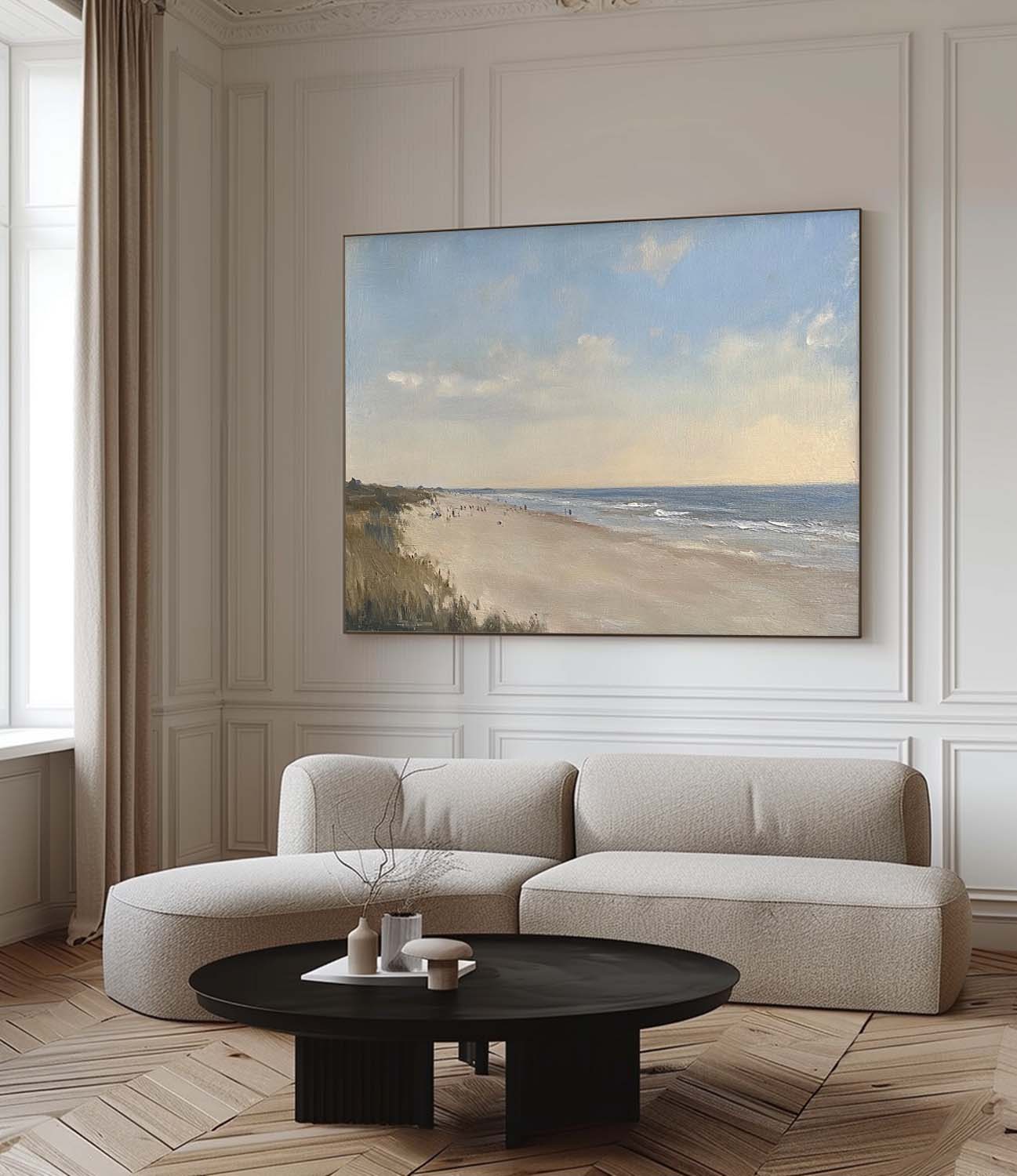 Vintage Neutral Beach Oil Painting Retro Large Beach Canvas Art Neutral Toned Beach Landscape On Canvas