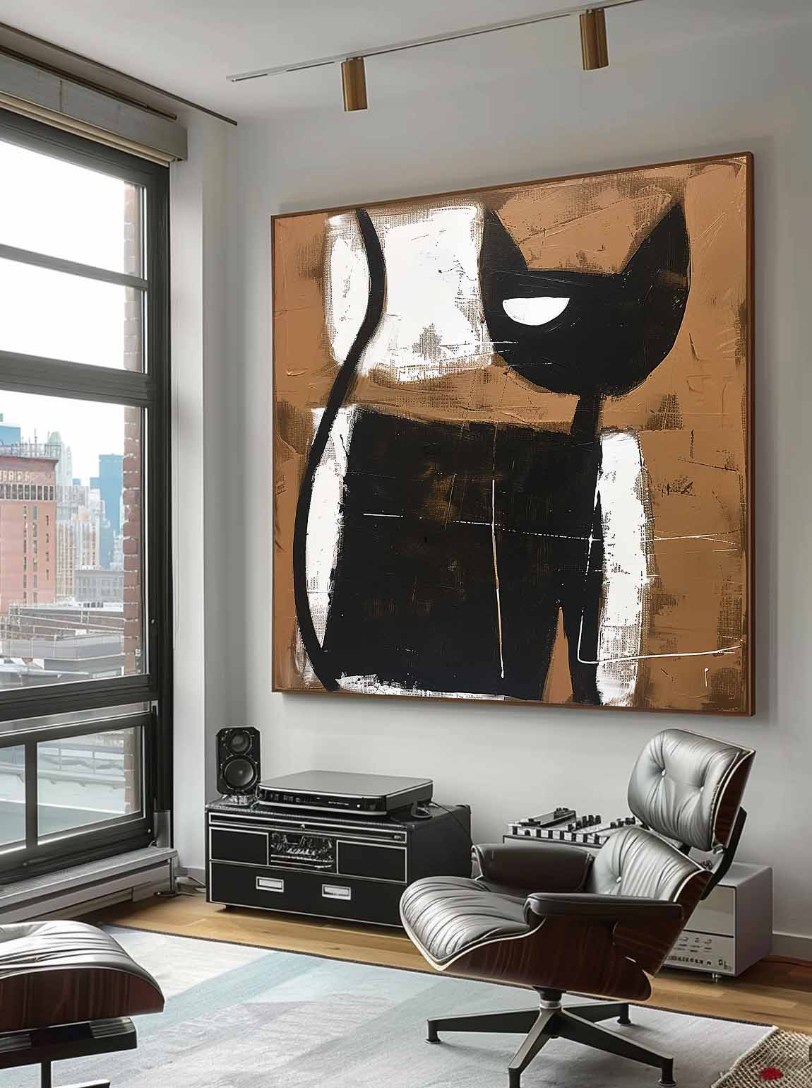 Retro Abstract Cat Painting Vintage Large Cat Wall Art Large Black And White Cat Painting Retro Neutral Home Decor