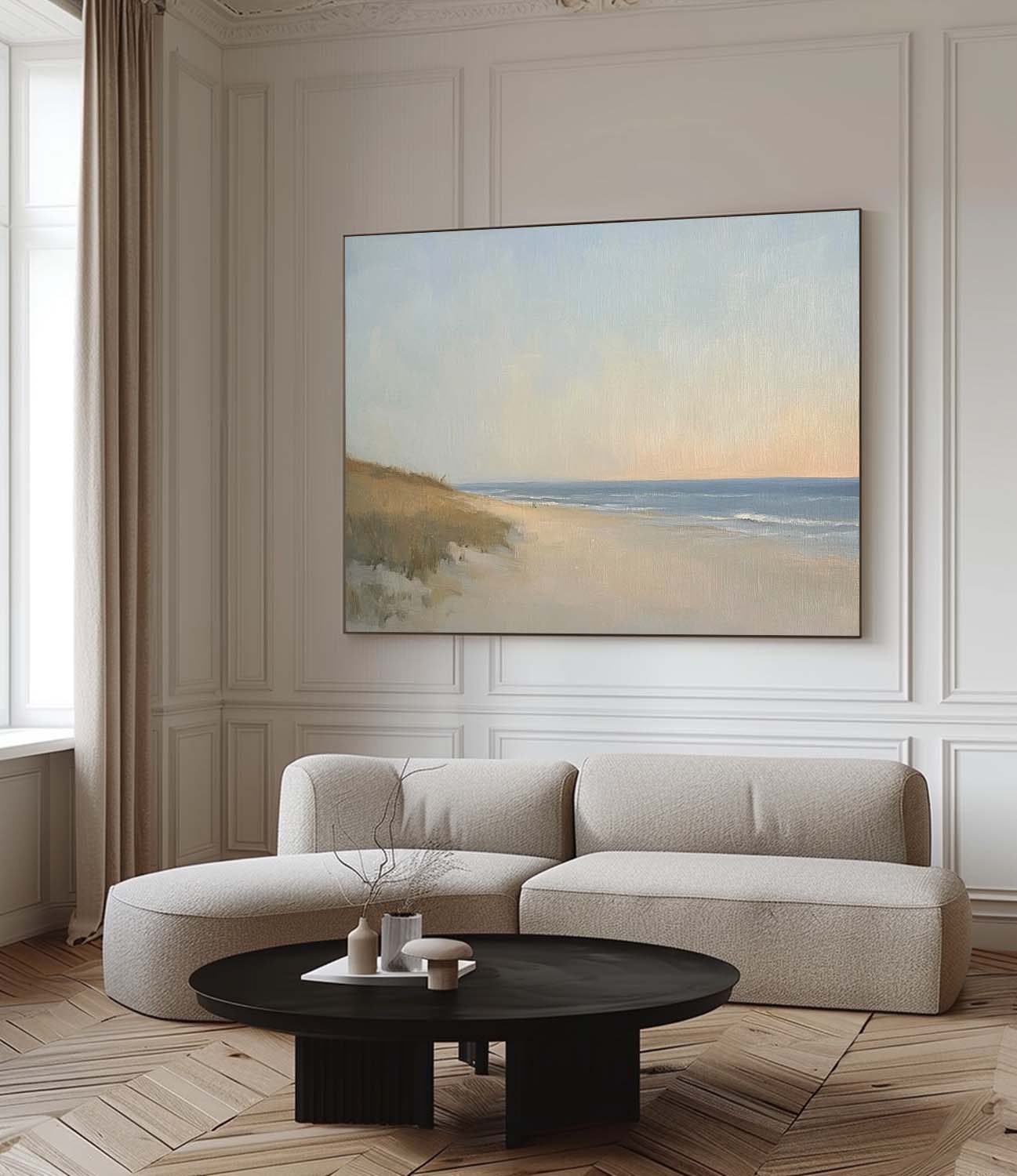 Vintage Neutral Beach Landscape Oil Painting Neutral Coastal Oil Painting On Canvas Large Original Seaside Art