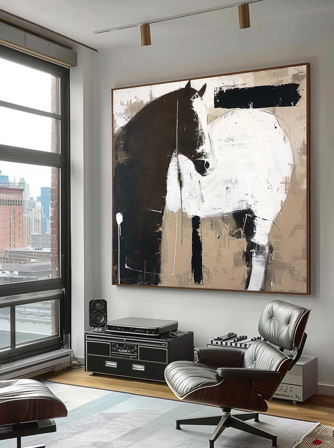Vintage Horse Painting Large Oil Painting Horse Wall Art Original Retro Black Horse Oil Painting