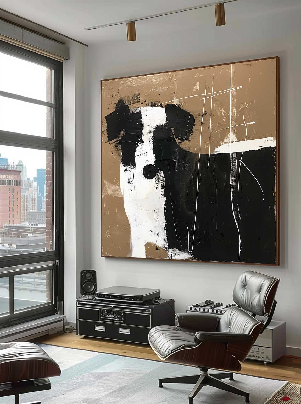 Vintage Black and White Abstract Dog Art Minimalist Black And White Canvas Painting Large Retro Decor