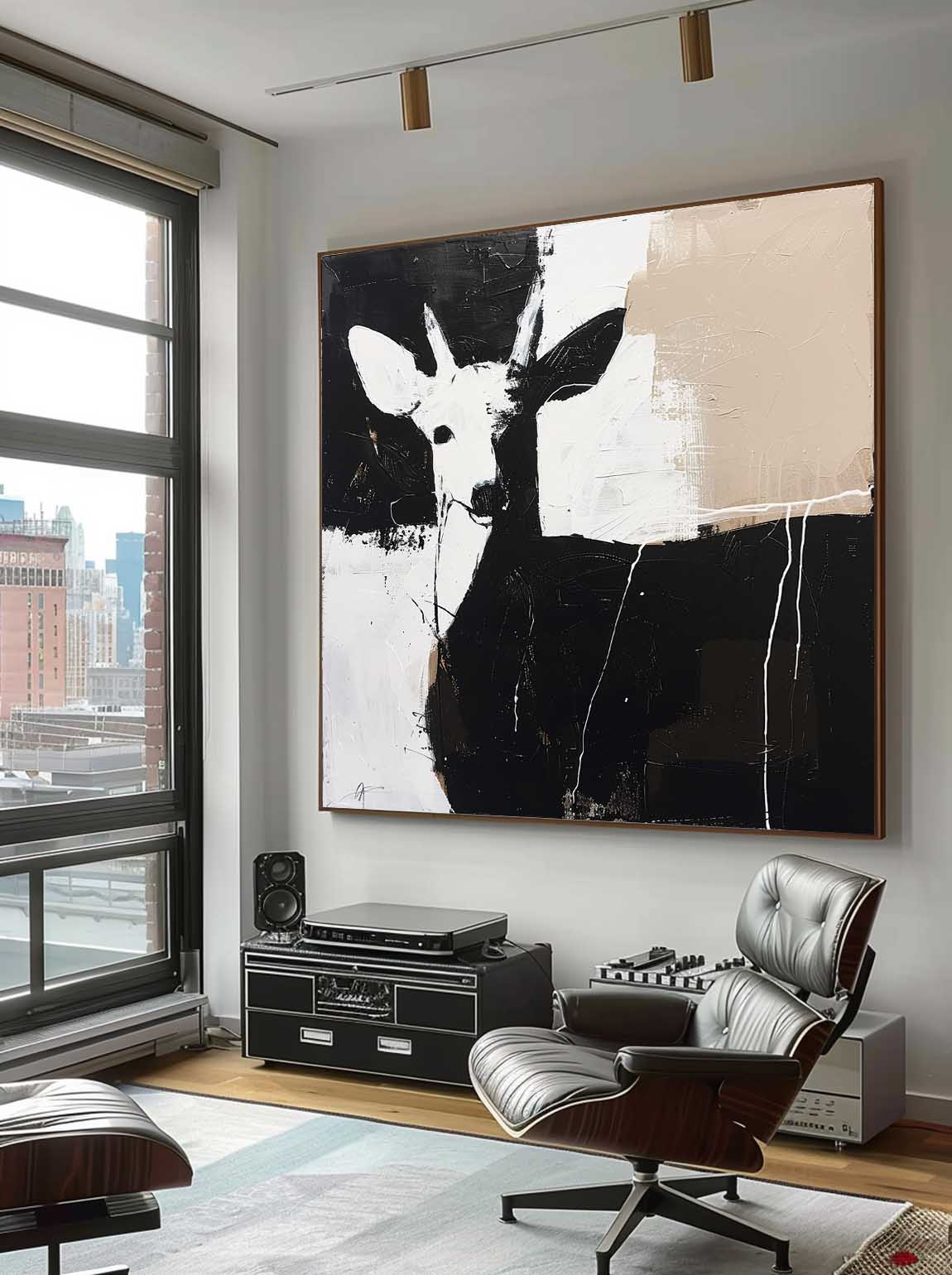 Retro Original Black And White Deer Painting Large Black And White Canvas Art Retro Minimalist Deer Painting On Canvas