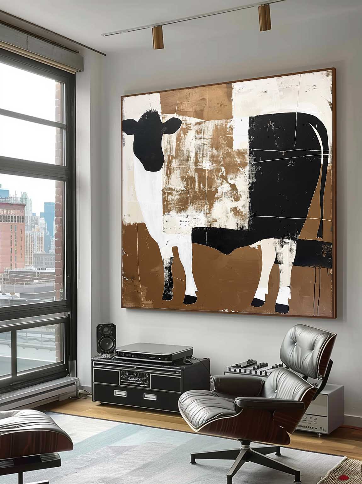 Vintage White And Black Bull Oil Painting Original Black And White Acrylic Art Large Canvas Wall Decor