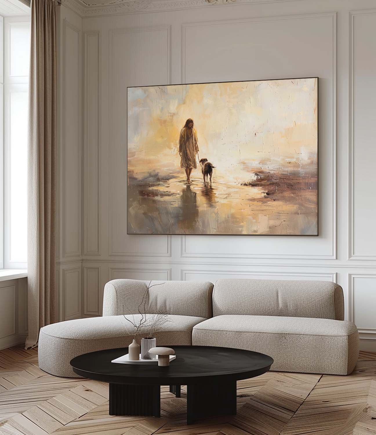 Jesus Walking On Water Christian Art Minimalist Wabi Sabi Jesus Walking With Dog Wall Art Original Christ Jesus Acrylic Painting