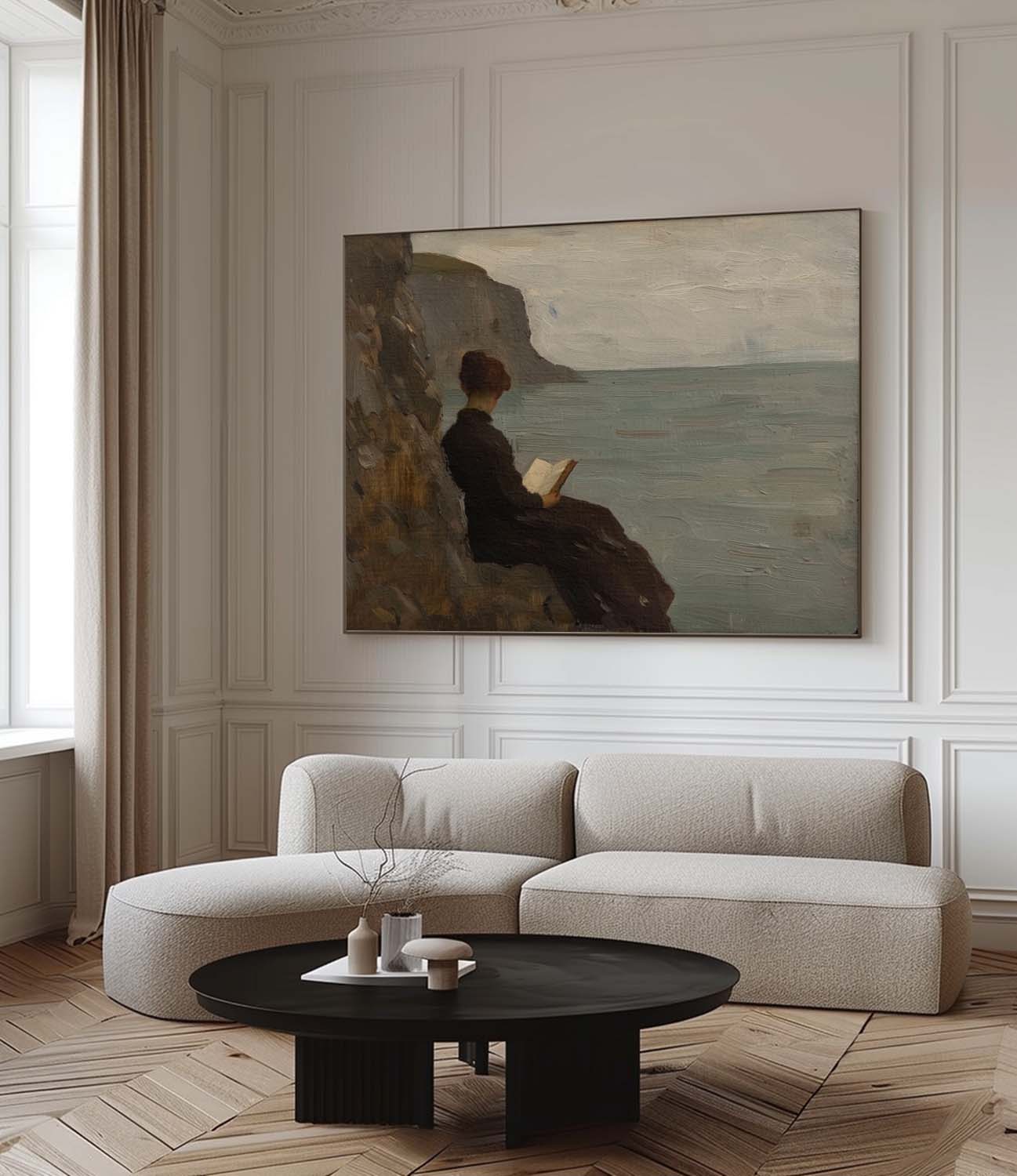 Original Moody Dark Seaside Beach Art Coastal Wall Reading Book Decor Woman Reading In The Beach Wall Art
