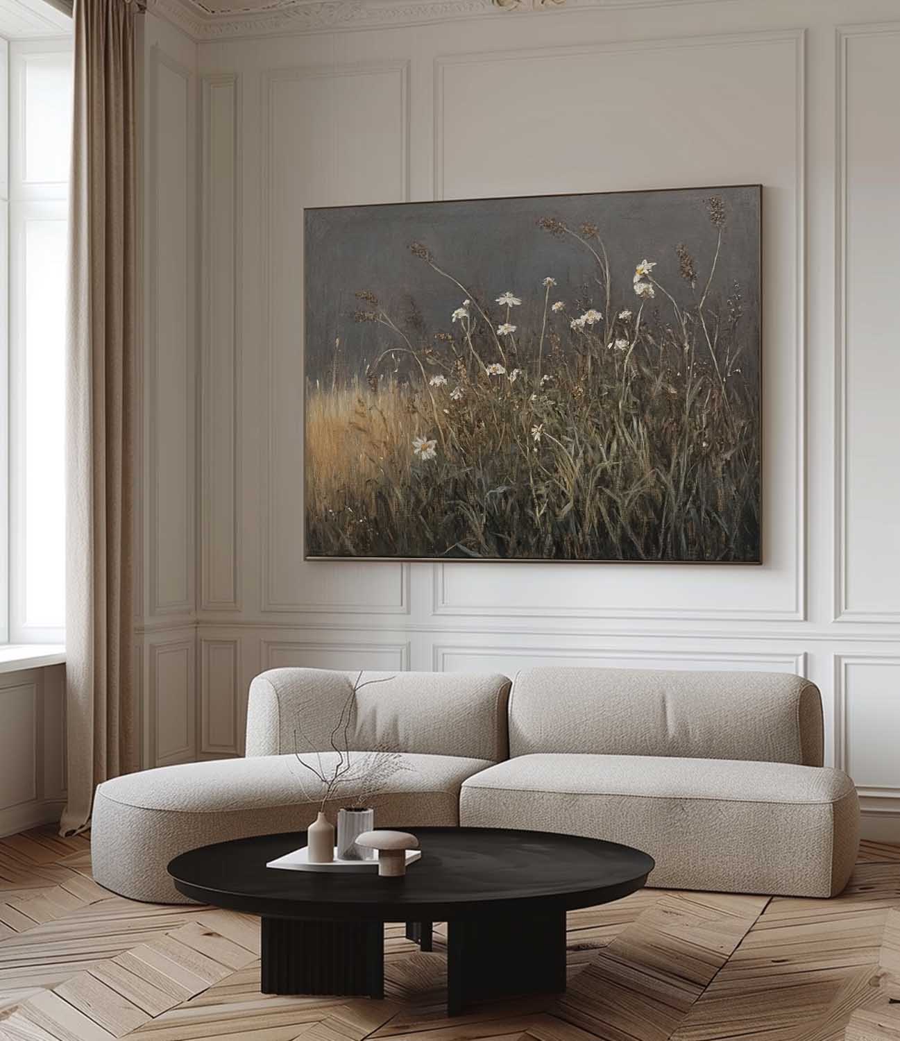 Retro Minimalist Wild Grass Oil Painting On Canvas Neutral Wild Grass Canvas Art Vintage Wabi Sabi Floral Wall Decor