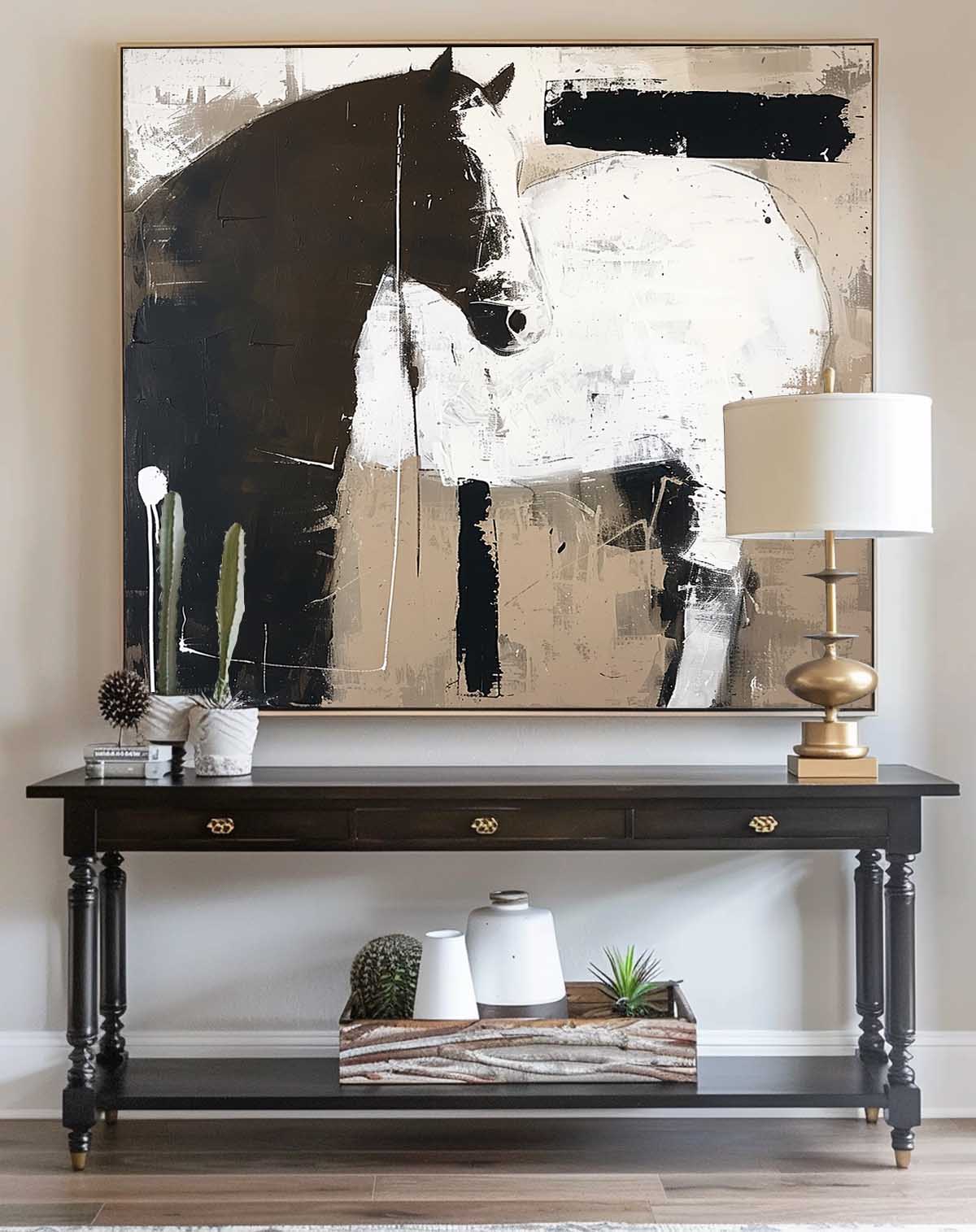 Vintage Horse Painting Large Oil Painting Horse Wall Art Original Retro Black Horse Oil Painting