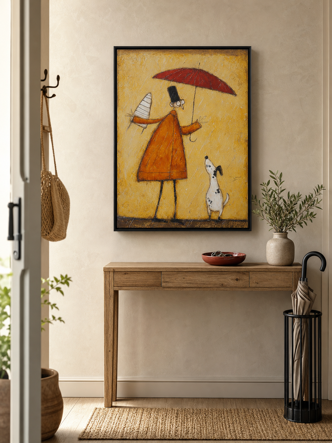 Handmade Minimalist People Canvas Painting Warm Yellow Retro Decor Framed Art