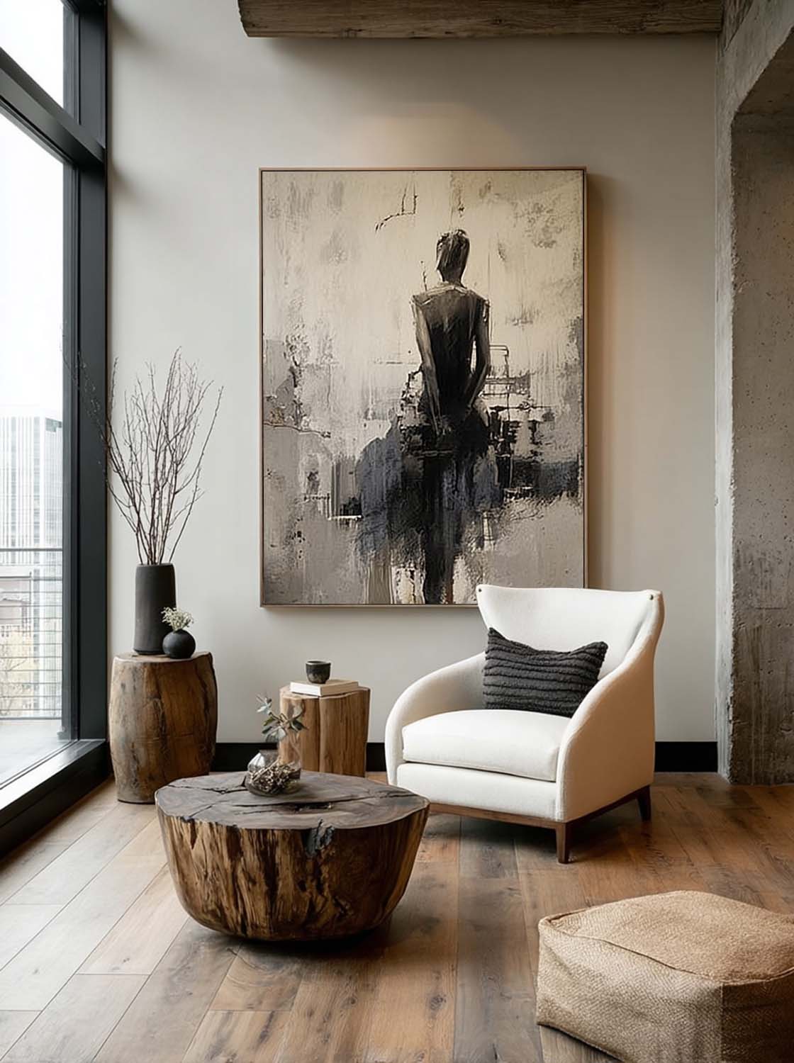 Minimalist Abstract Lady Canvas Artwork Handmade Black And Beige Lady Oil Painting Handmade Abstract Woman In Black Dress Oil Painting
