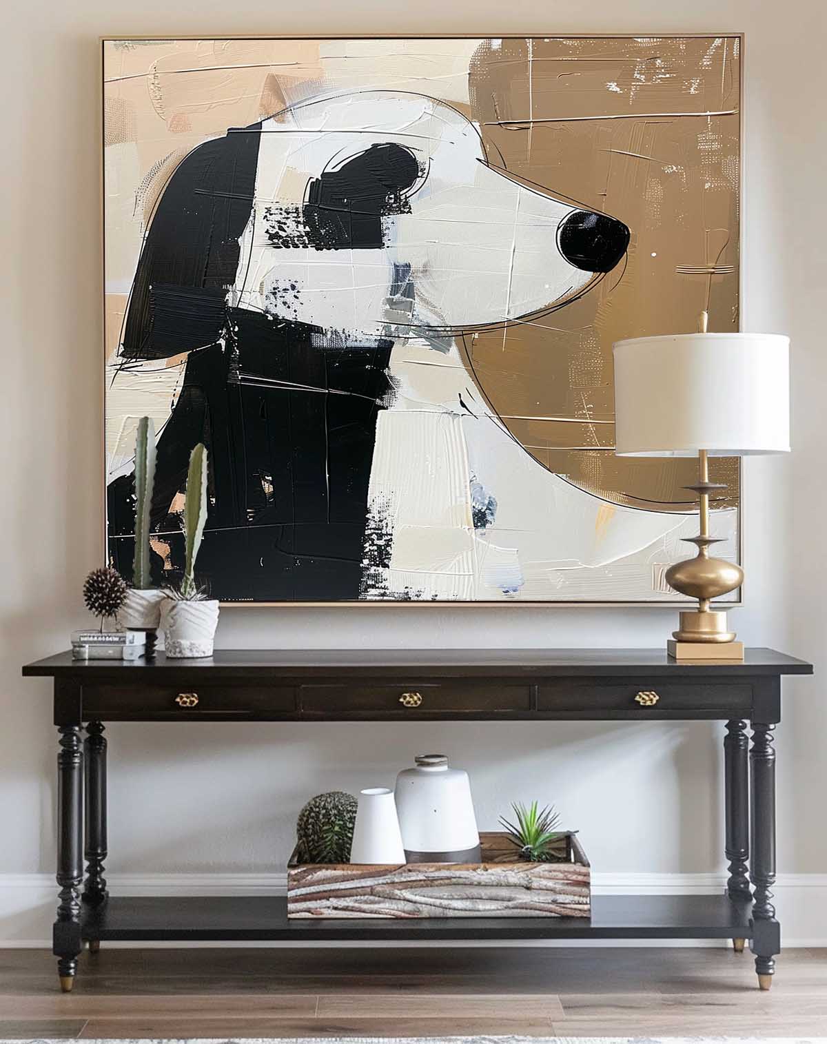 Vintage White And Black Dog Canvas Art Large Retro Minimalist Abstract Art Large Canvas Artwork