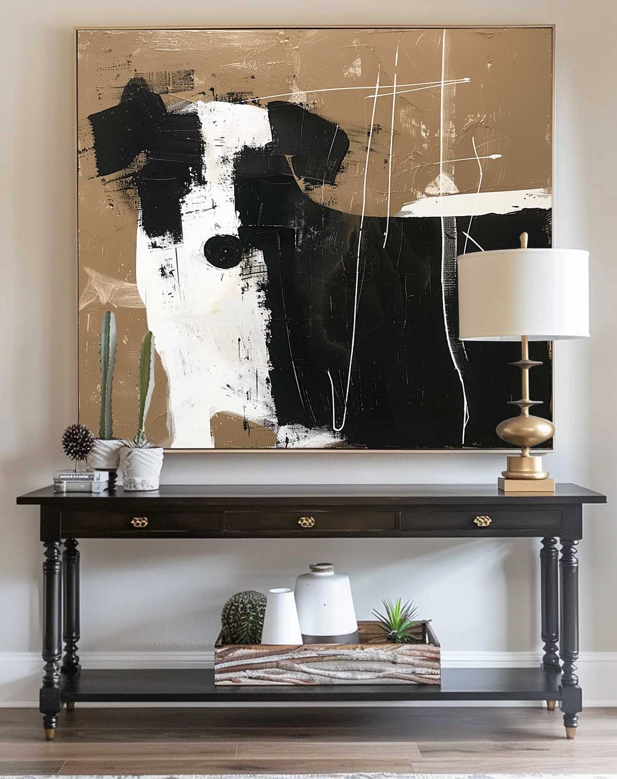 Vintage Black and White Abstract Dog Art Minimalist Black And White Canvas Painting Large Retro Decor
