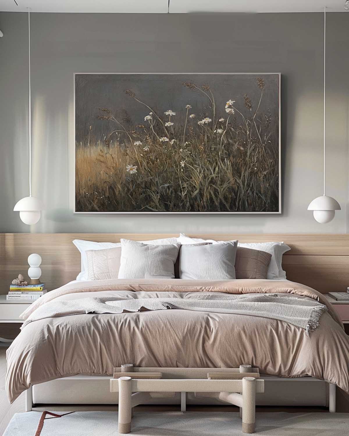 Retro Minimalist Wild Grass Oil Painting On Canvas Neutral Wild Grass Canvas Art Vintage Wabi Sabi Floral Wall Decor