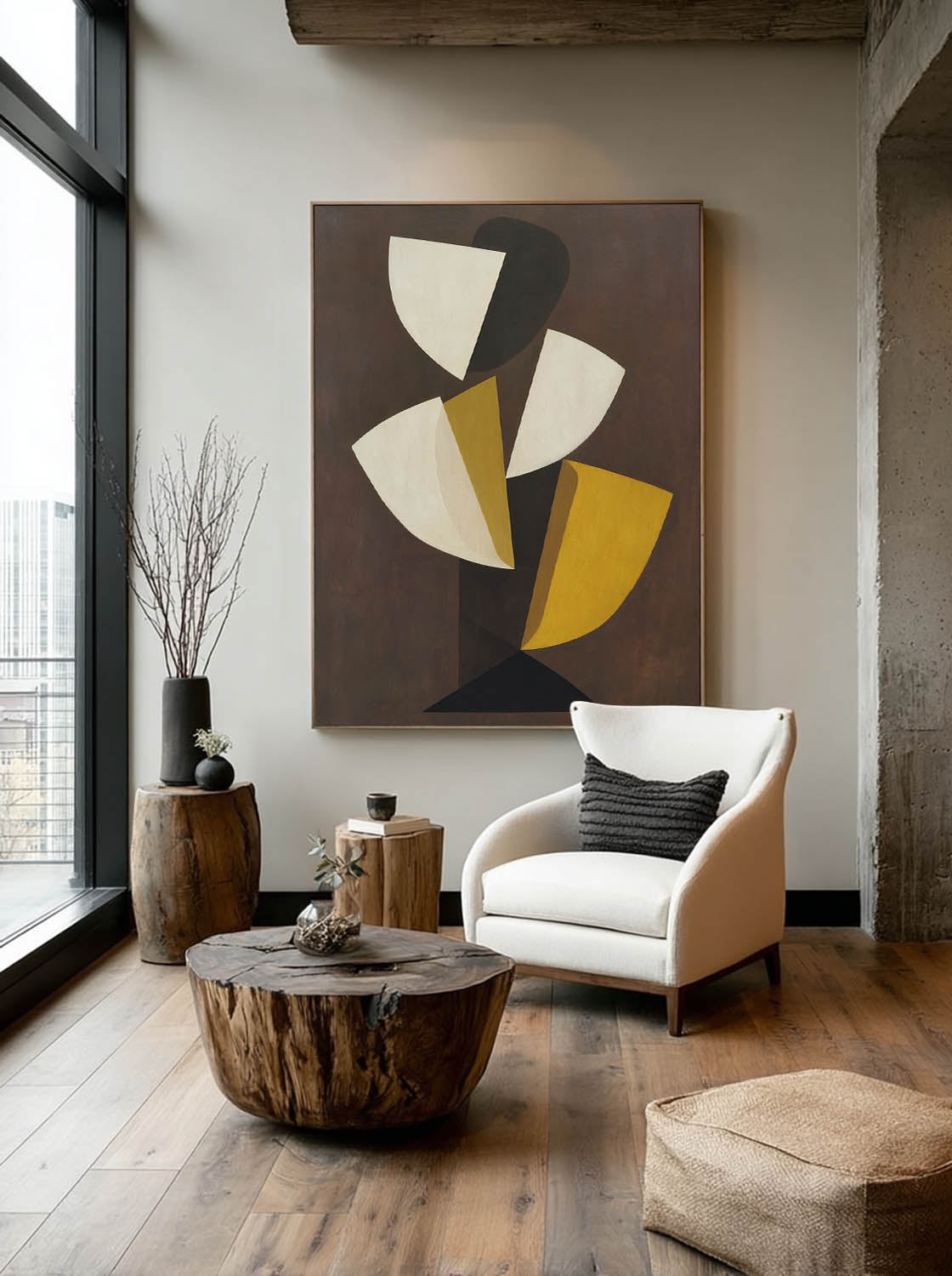Large Yellow And Cream Abstract Wall Art Minimalism Leaf Shape Wall Art Handmade Yellow And Beige Abstract Canvas Art