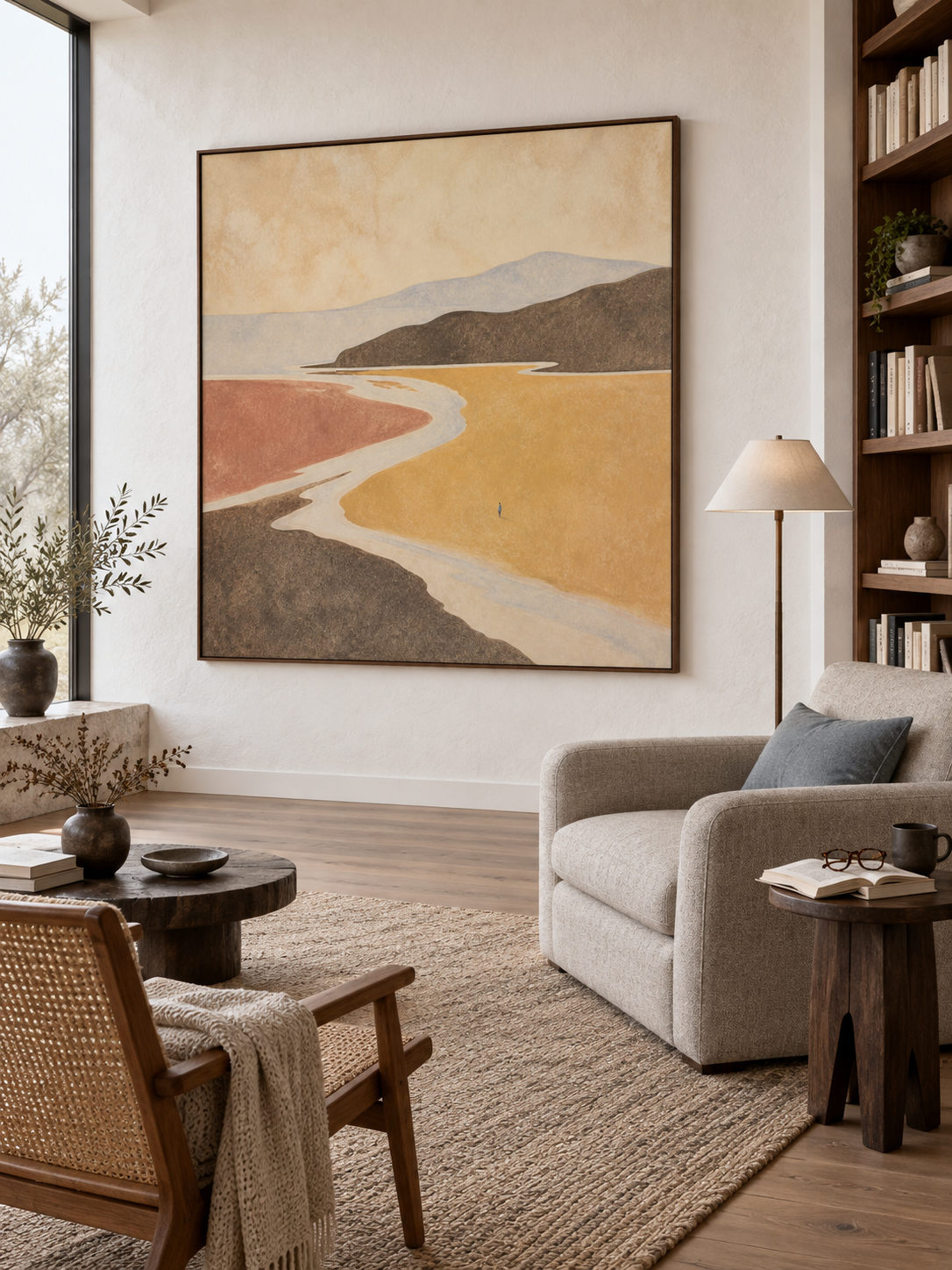 Contemporary Ochre And Rose Landscape Wall Art For Modern Bedroom Decor