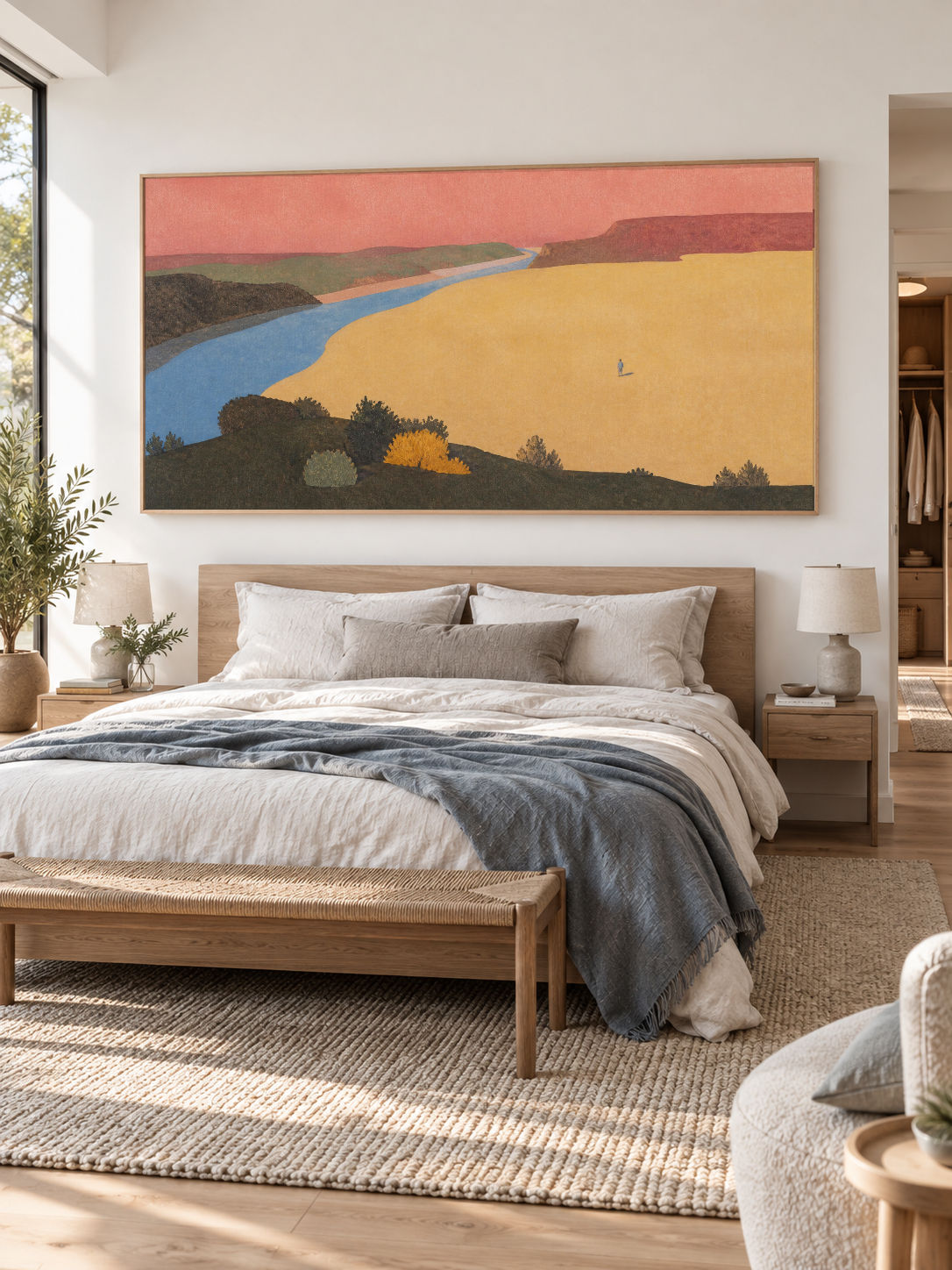 Colorful Coral River Valley Canvas Art With Lone Figure For Bedroom Decor