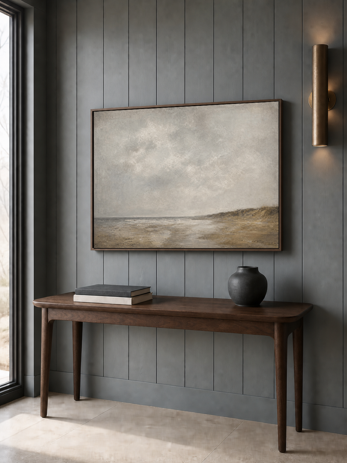 Vintage Coastal Landscape Painting With Gray And Beige Tones For Living Room Decor