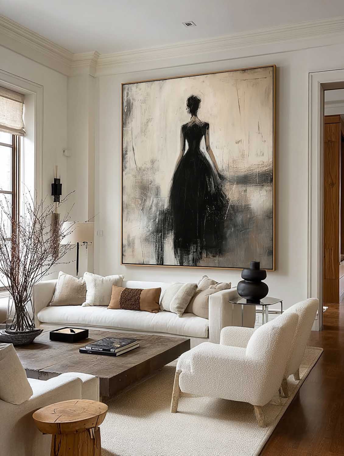 Contemporary Lady Painting In Black Dress Black Wabi-Sabi Abstract Painting Beige And Black Lady Canvas Art