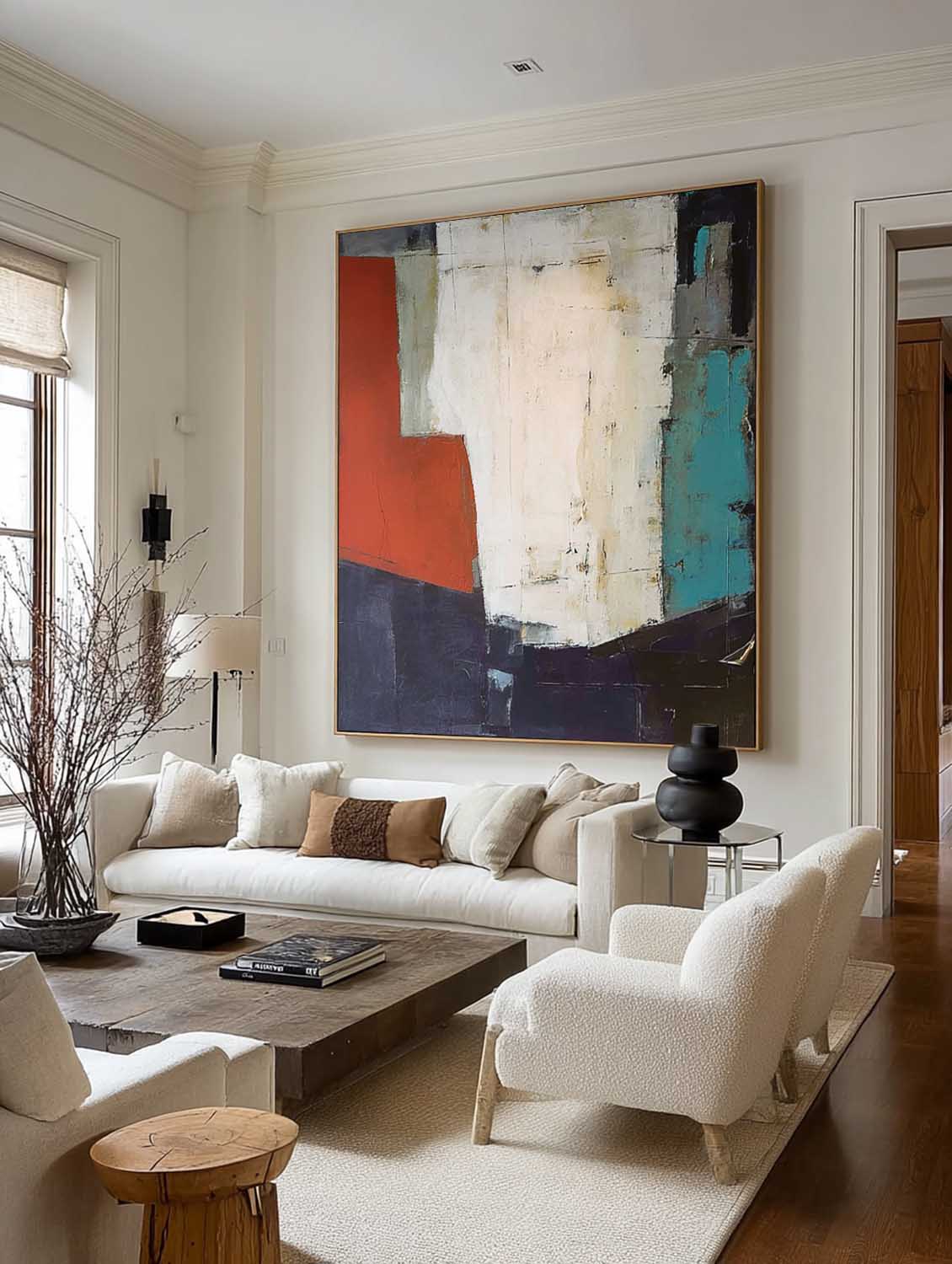 Original Neutral Abstract Canvas Painting Large Wabi Sabi Abstract Oil Painting White And Red Contemporary Wall Decor