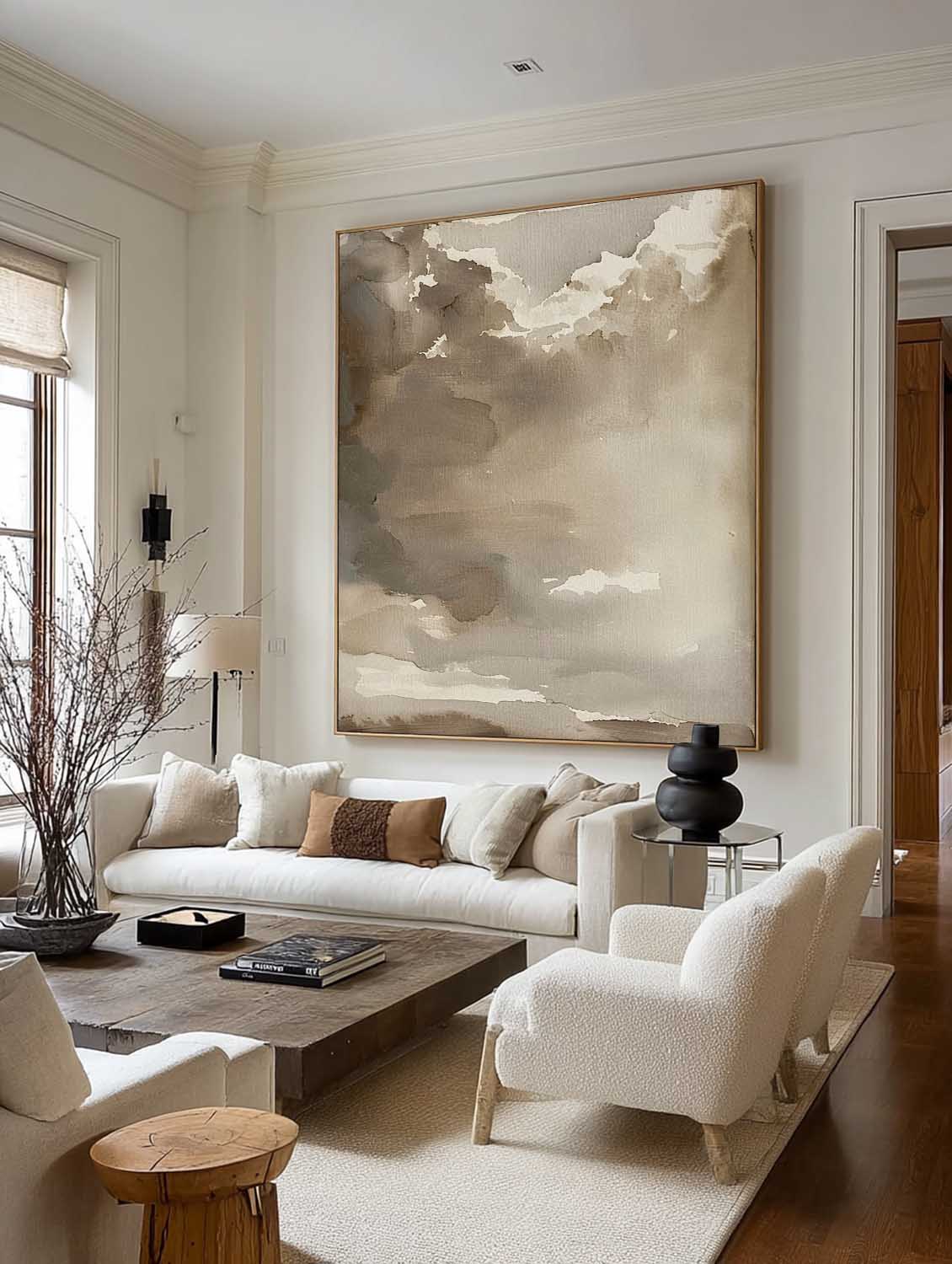Vintage Cloud Wall Art Sky Beige Cloud Landscape Oil Painting Large Abstract Beige Cloud Painting