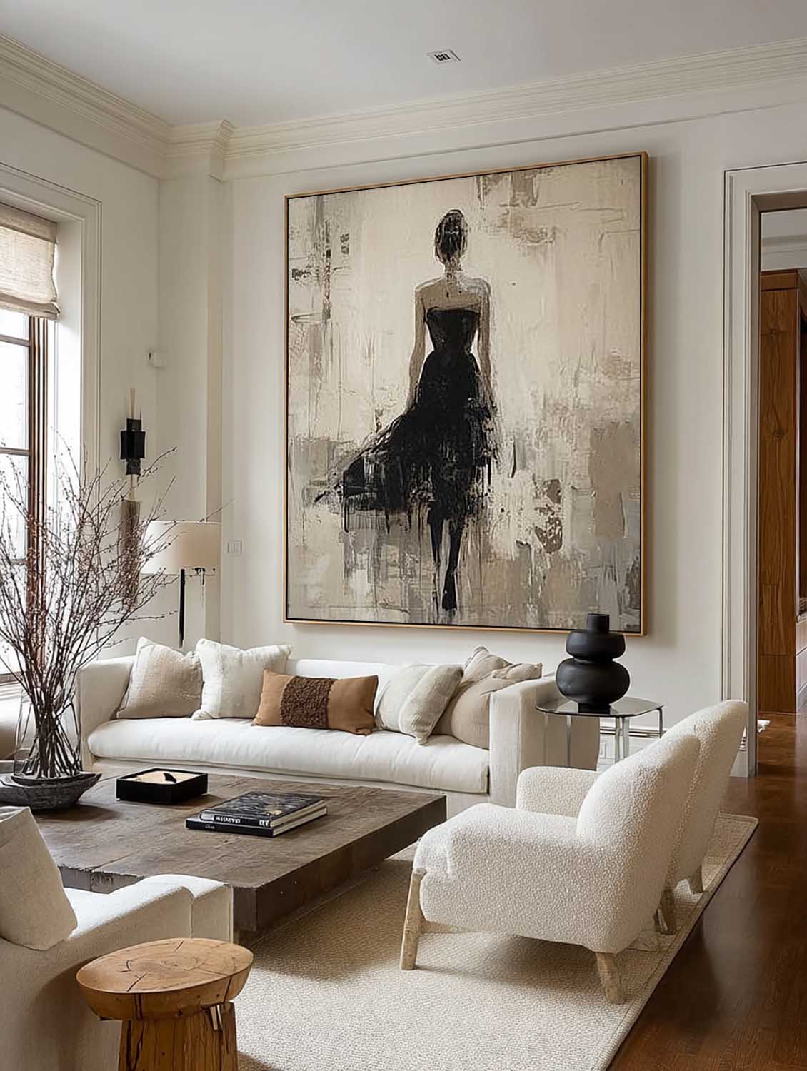 Handmade Modern Woman Art In Black Dress Large Wabi Sabi Female Painting Neutral Abstract Female Figure Oil Painting