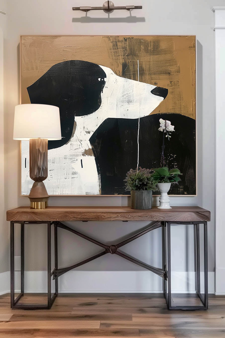 Vintage Dog Oil Painting Original Abstract Dog Wall Art Retro Black And White Dog Painting