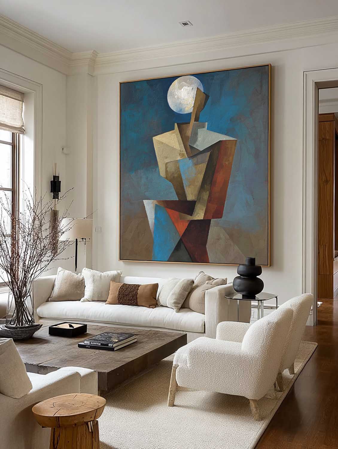 Original Red And Blue Geometry Wall Art Large Modern Colorful Geometric Oil Painting Minimalist Colorful Geometric Hand Wall Art