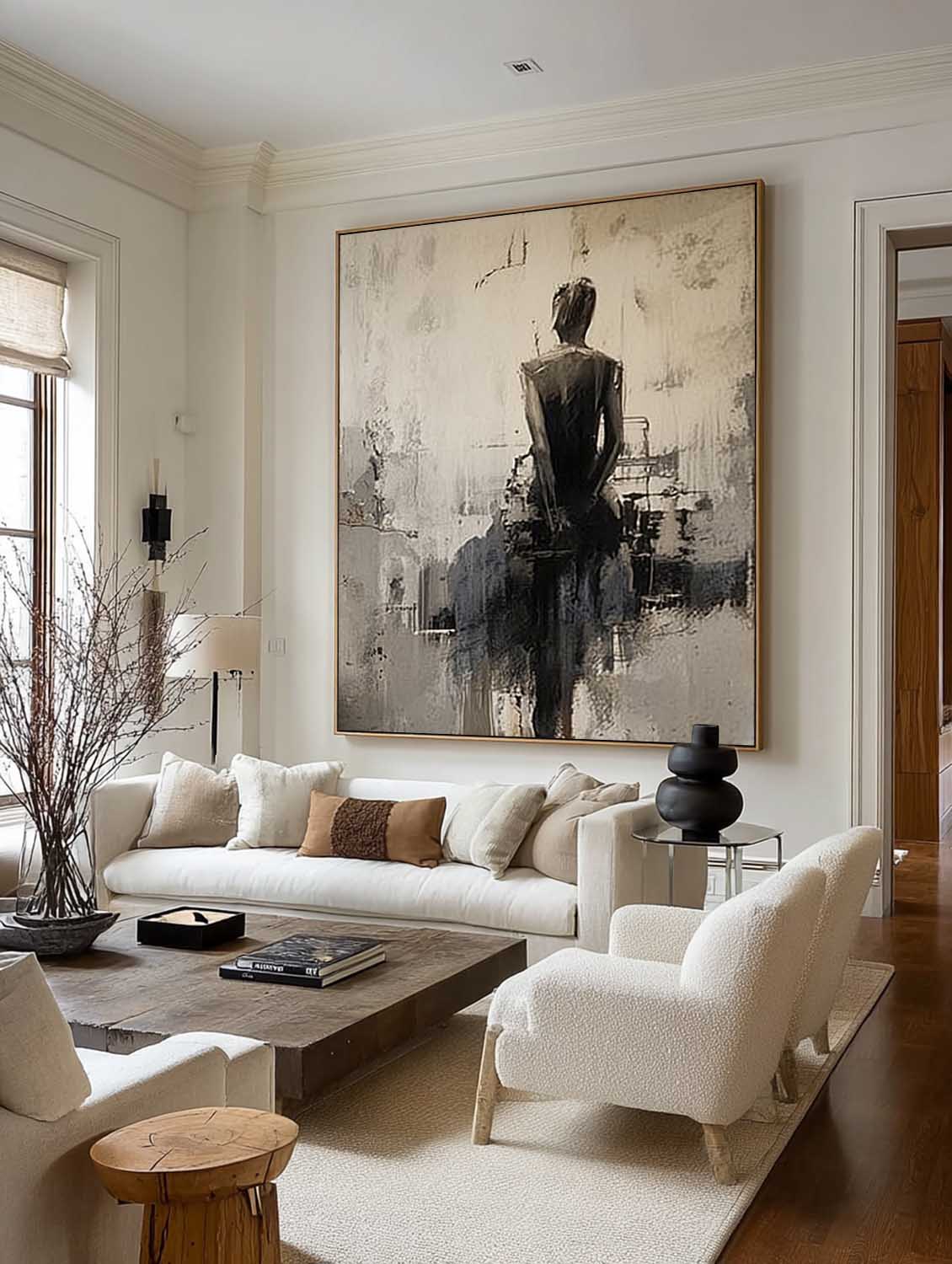 Minimalist Abstract Lady Canvas Artwork Handmade Black And Beige Lady Oil Painting Handmade Abstract Woman In Black Dress Oil Painting